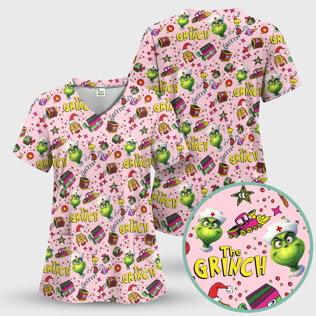 Merry Grinchmas Nurse Scrub Shirt - Festive Christmas Medical Uniform for Women - Funny Holiday Nursing Gift for RN LPN CNA
