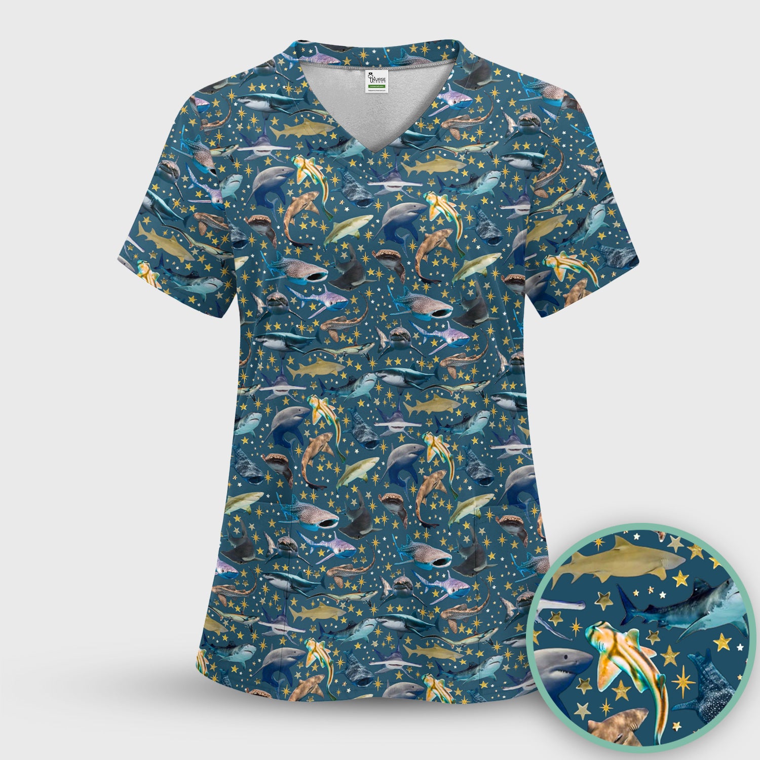 Colorful Shark Ocean Pattern Scrub Top, Breathable Fabrics Nursing Uniform