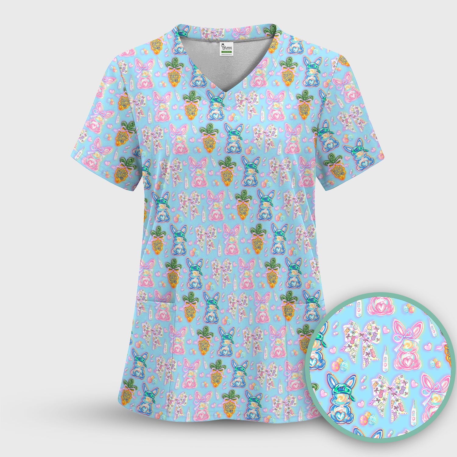 Easter Bunny Carrot Bow Floral Print Scrub Top, Comfortable Scrubs for Nurses