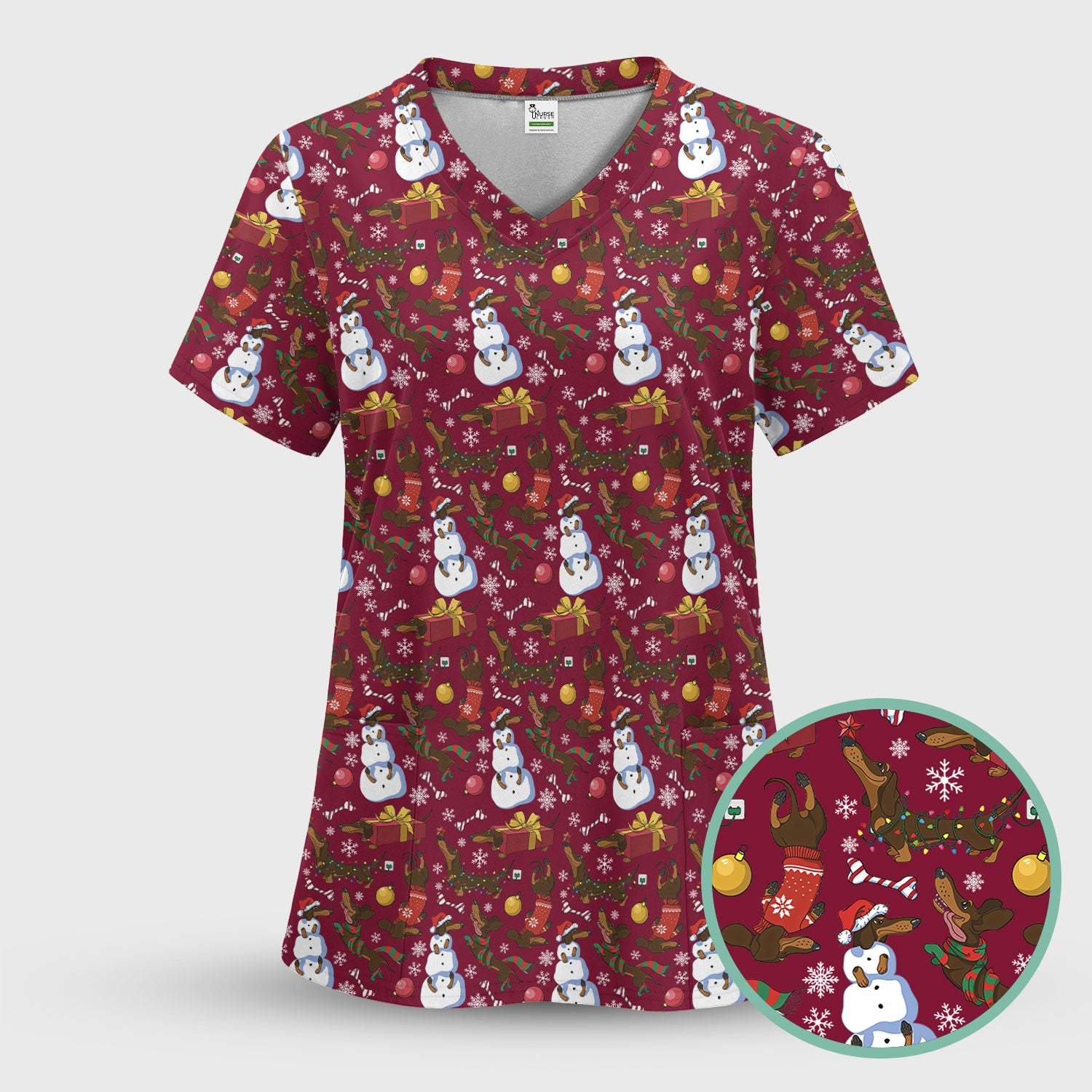 Custom Nurse Scrubs for Women - Christmas Dachshund Dog & Snowman Print - Multi Color Nursing Shirt Holiday Gift for Nurses