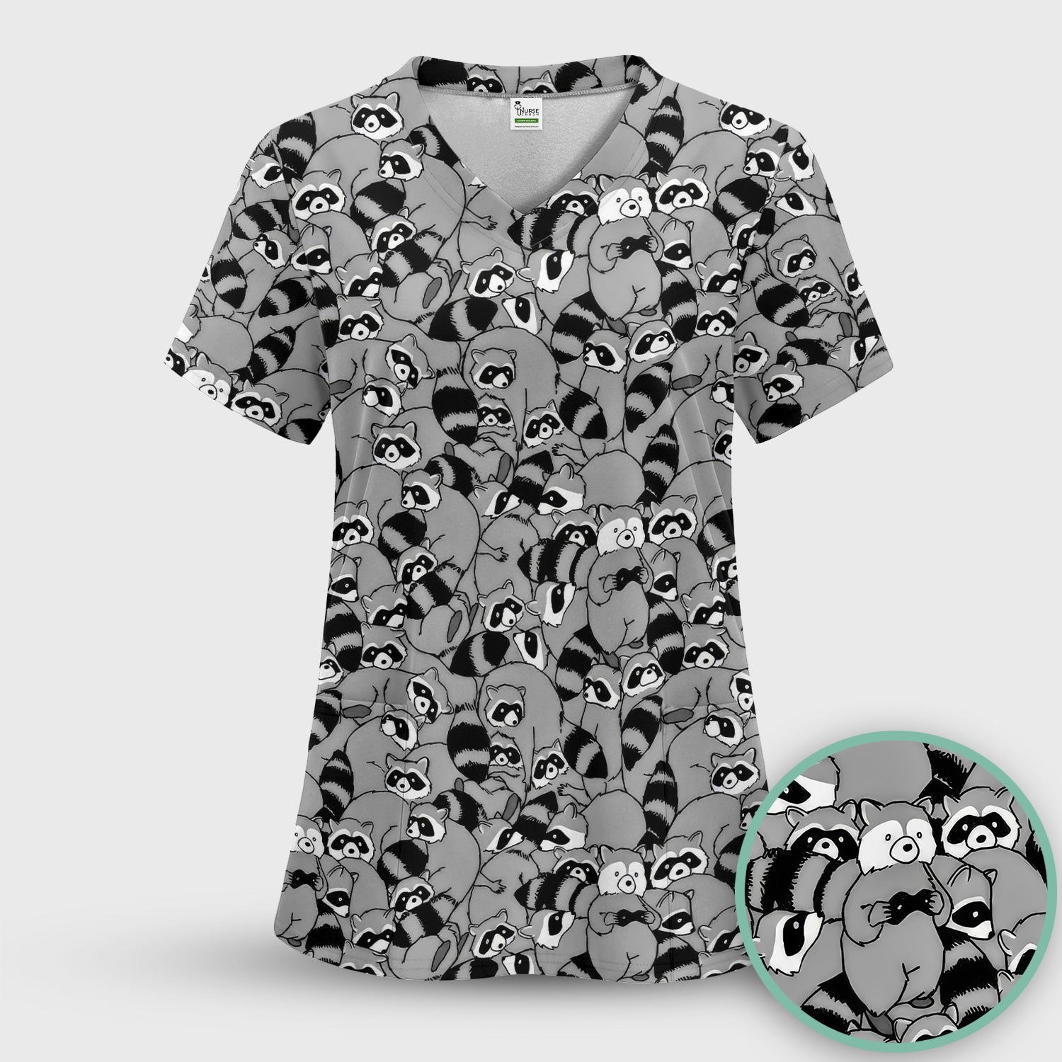 Cute Nurse Raccoon Crowd Pattern Scrub Set, Scrub Pants and V Neck Top