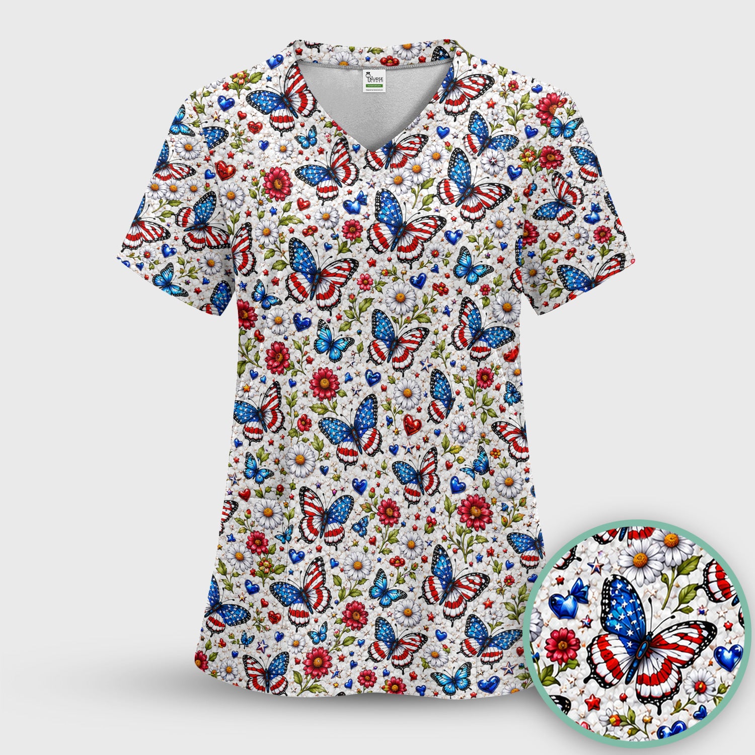 Patriotic Butterfly Daisy Heart Pattern Scrub Top, Comfortable Scrubs for Nurses