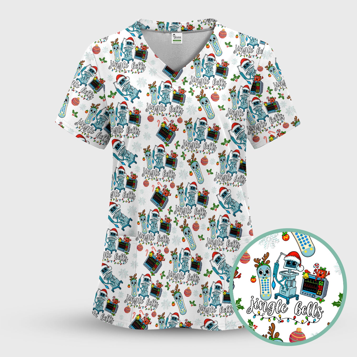 Jingle Bells Christmas Scrub Top - Funny Xmas Scrubs for Nurses - Breathable Fabrics Nursing Uniform for RN CNA LPN