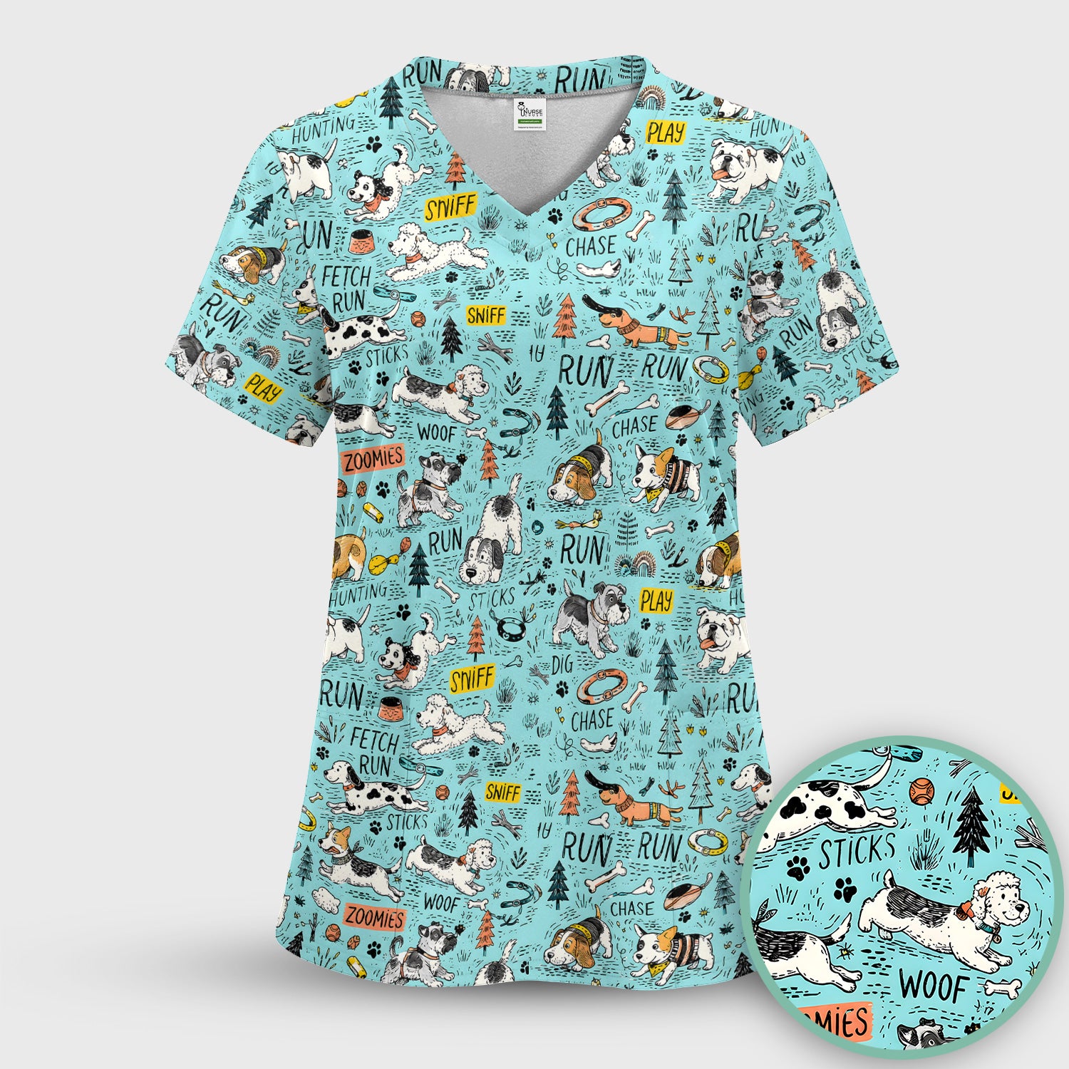 Playful Cartoon Puppy Adventure Pattern Scrub Top, Comfortable Scrubs for Nurses