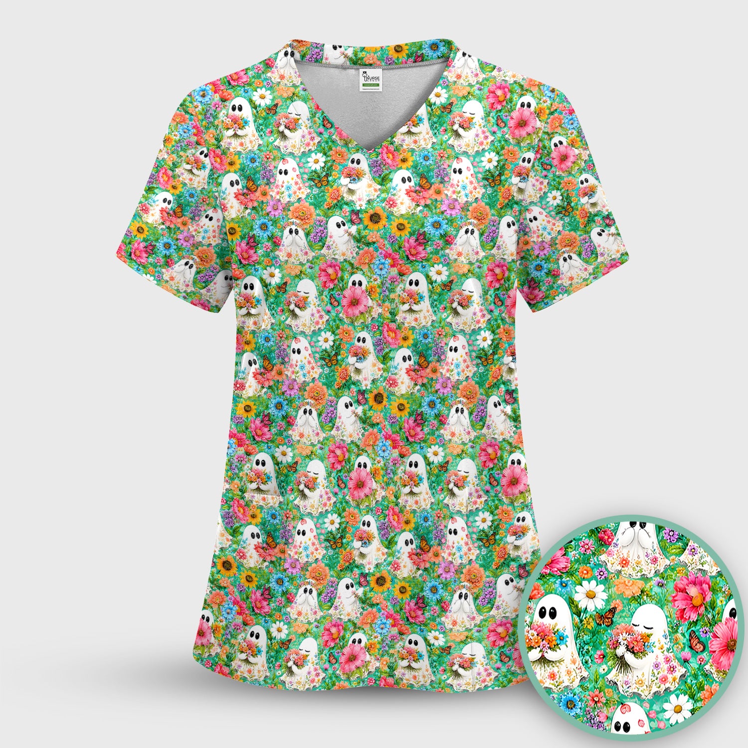 Cute Halloween Floral Ghosts Scrub Set, Scrub Pants and V Neck Top