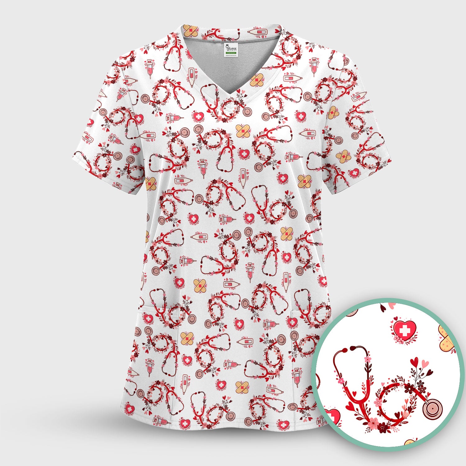 Heart Stethoscope Medical Pattern Scrub Top, Breathable Fabrics Nursing Uniform