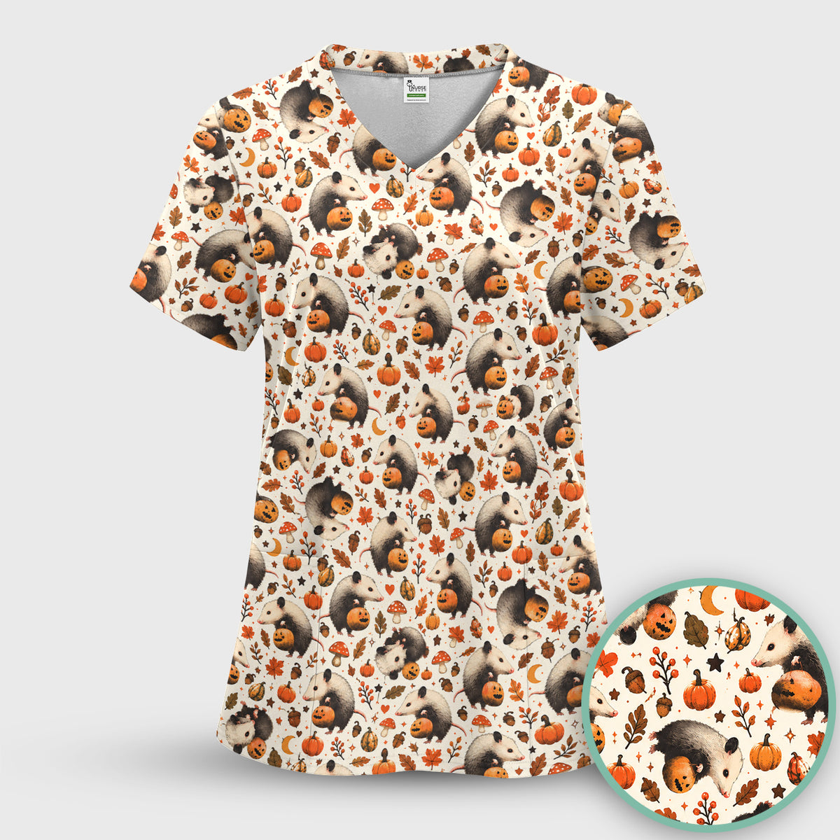 Halloween Opossum Pumpkin Patch Pattern Scrub Set, Scrub Pants and V Neck Top