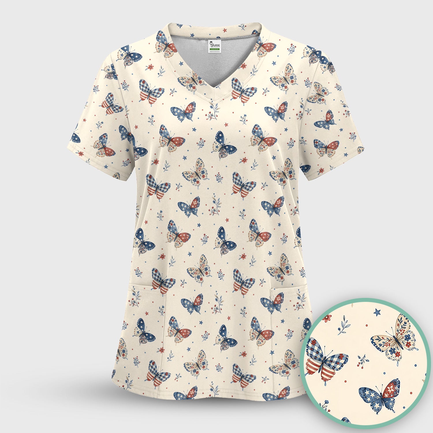 Fourth Of July Butterfly Print Scrub Set, Scrub Pants and V Neck Top