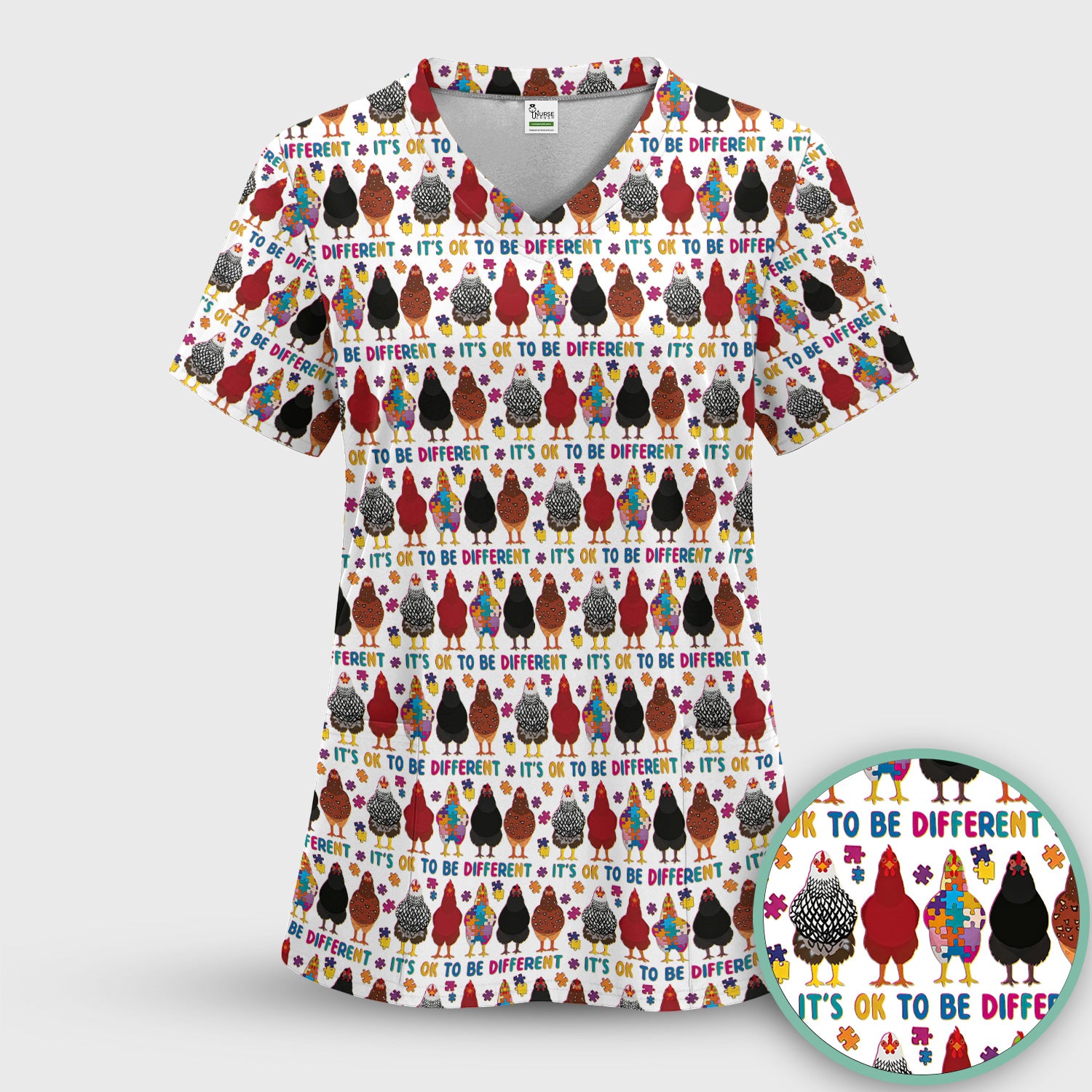 Autism Chicken It’s OK to Be Different Print Scrub Top, Comfortable Scrubs for Nurses