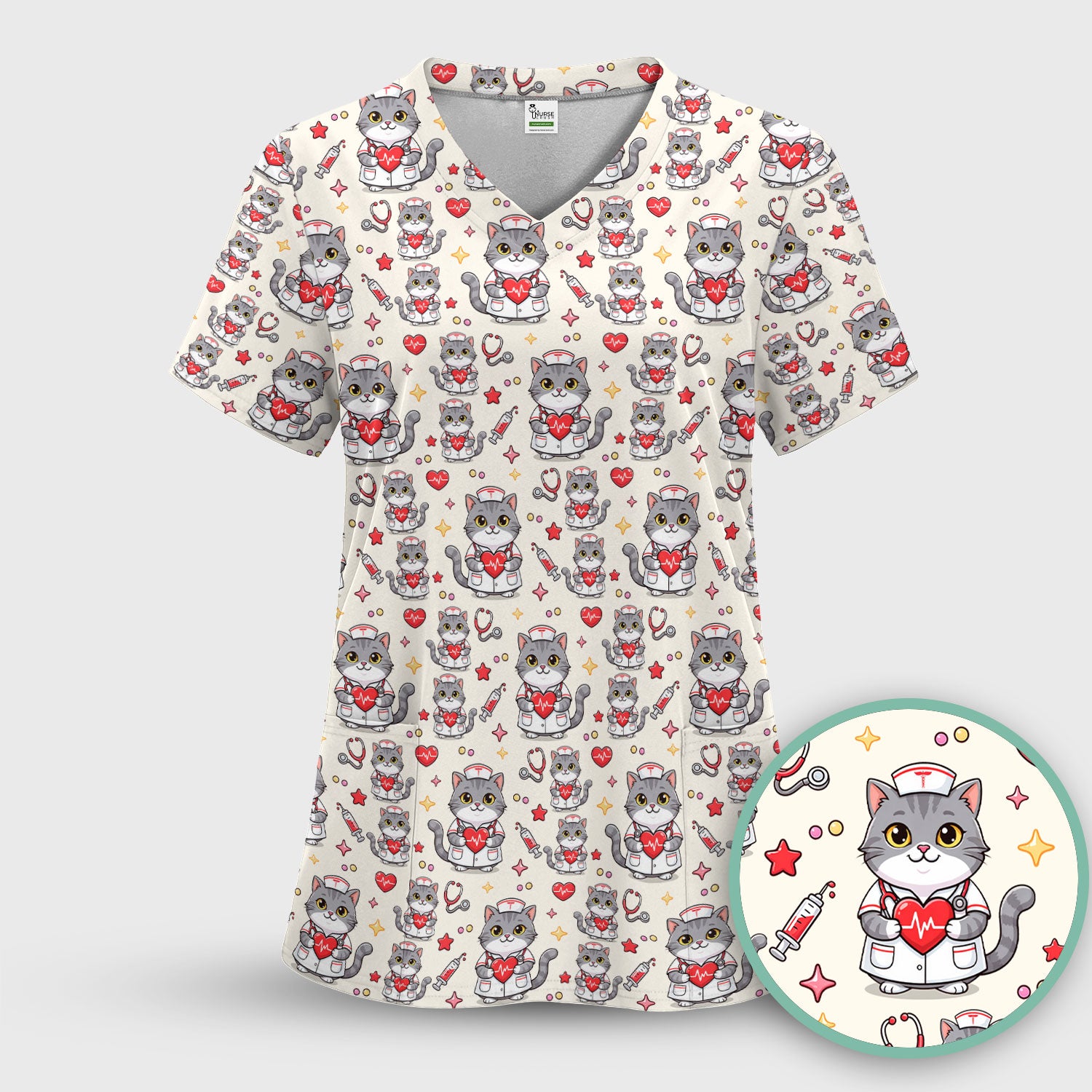 Cute Nurse Cat Heart Medical Print Scrub Top, Comfortable Scrubs for Nurses
