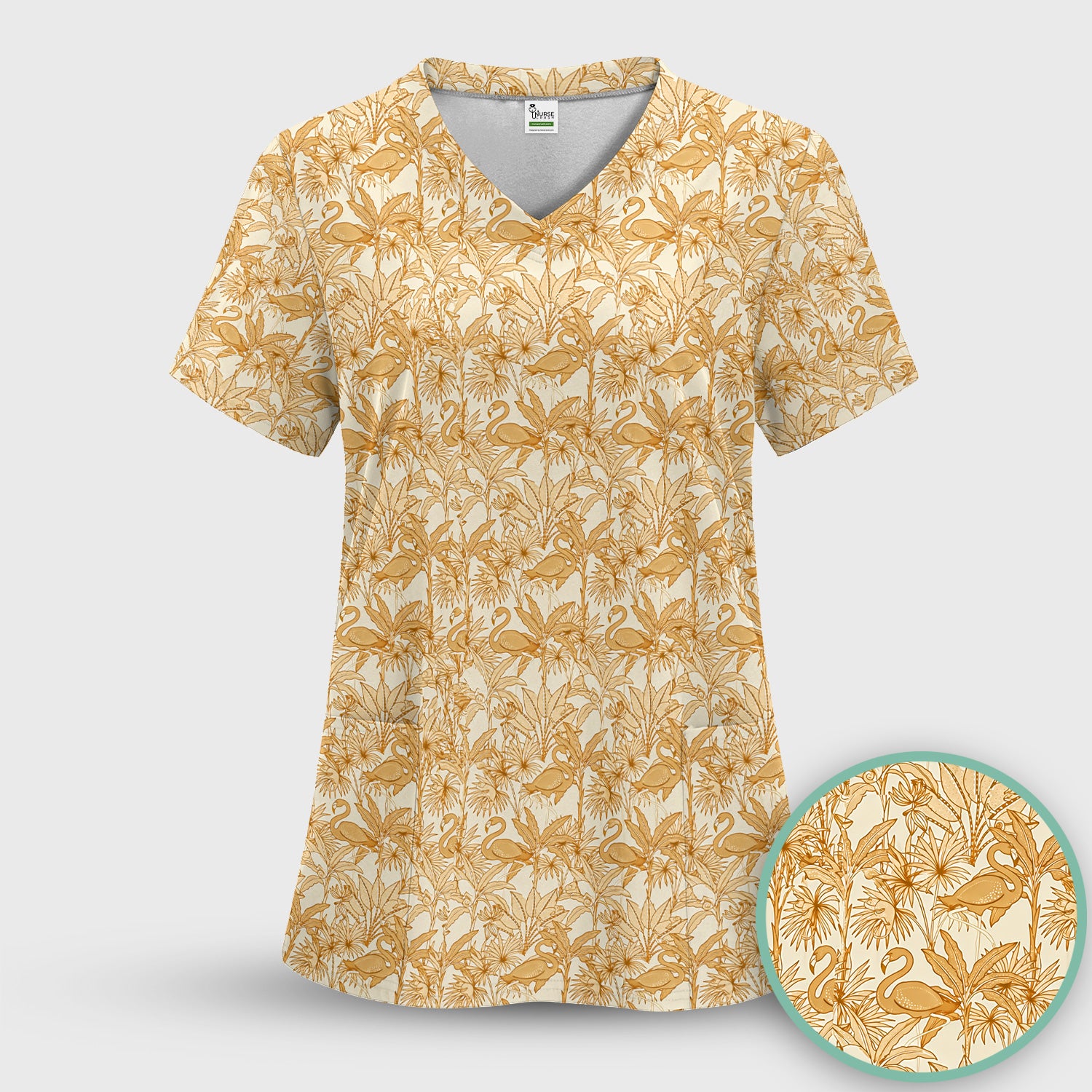 Tropical Flamingo Palm Leaves Pattern Scrub Top, Breathable Fabrics Nursing Uniform