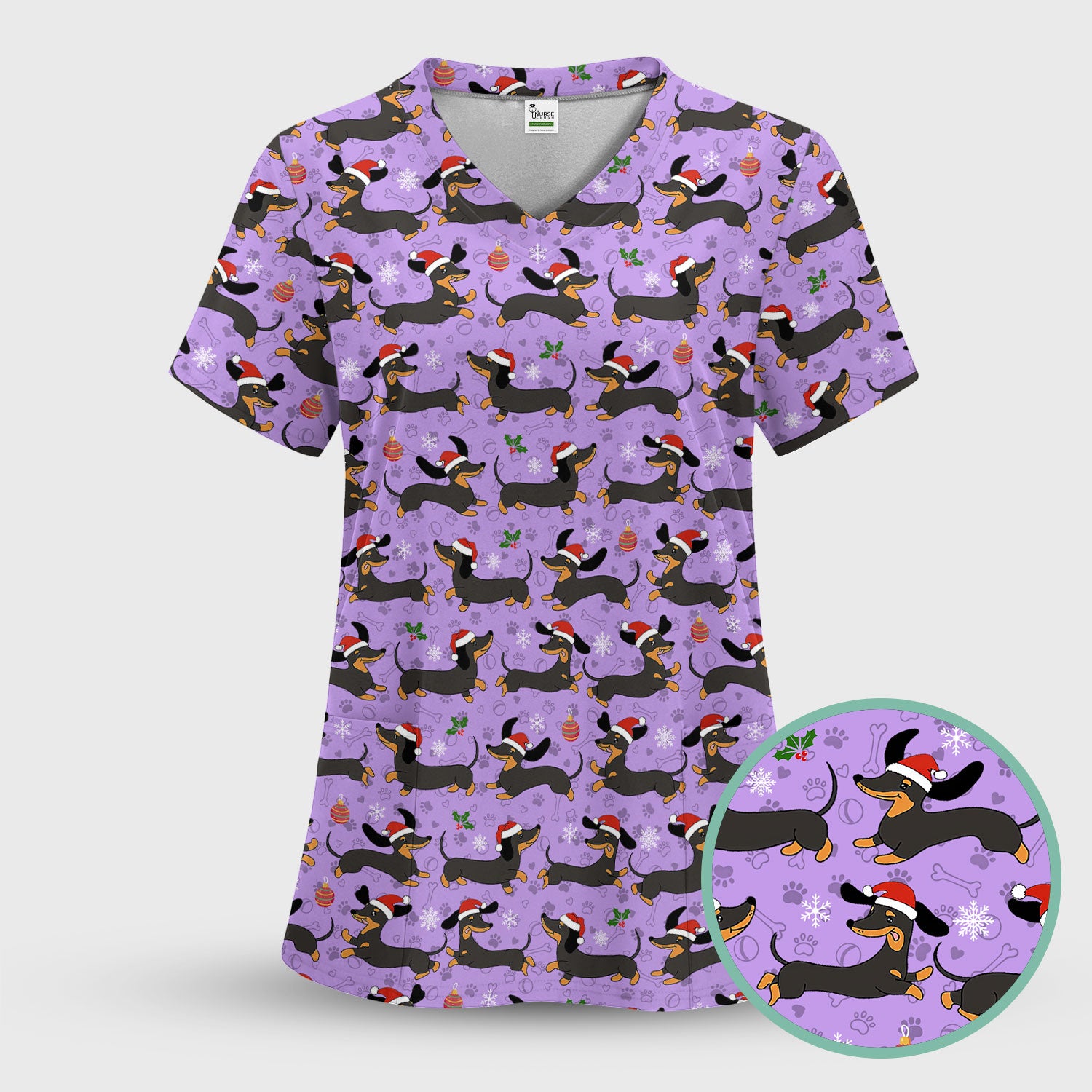Holiday Dachshund Scrub Top - Cute Wiener Dog Santa Hat Nurse Shirt - Funny Christmas Medical Uniform RN LPN CNA Gift for Women
