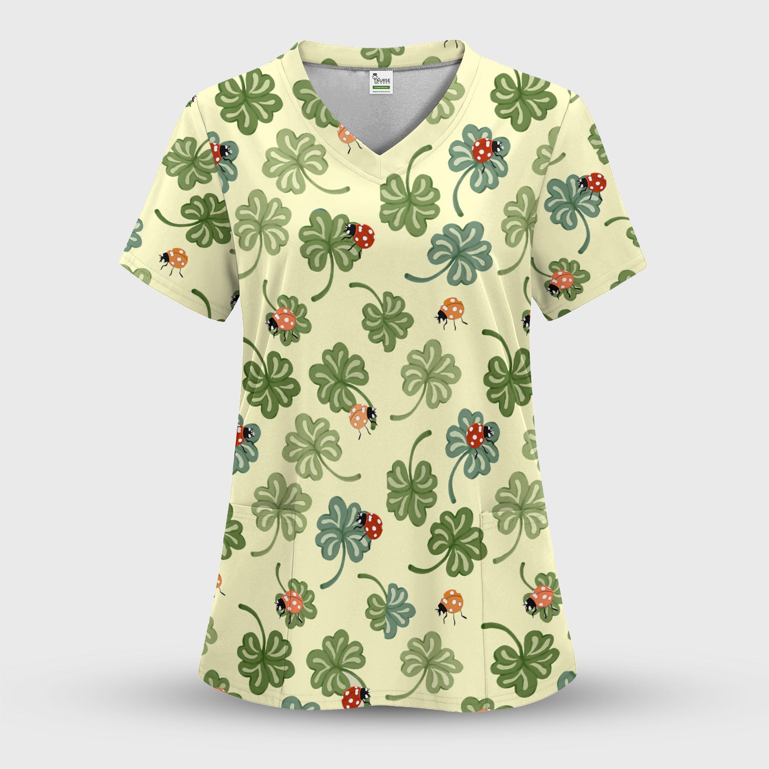 Clover and Ladybug Lucky Garden Pattern Scrubs Top, Comfortable Scrubs for Nurses