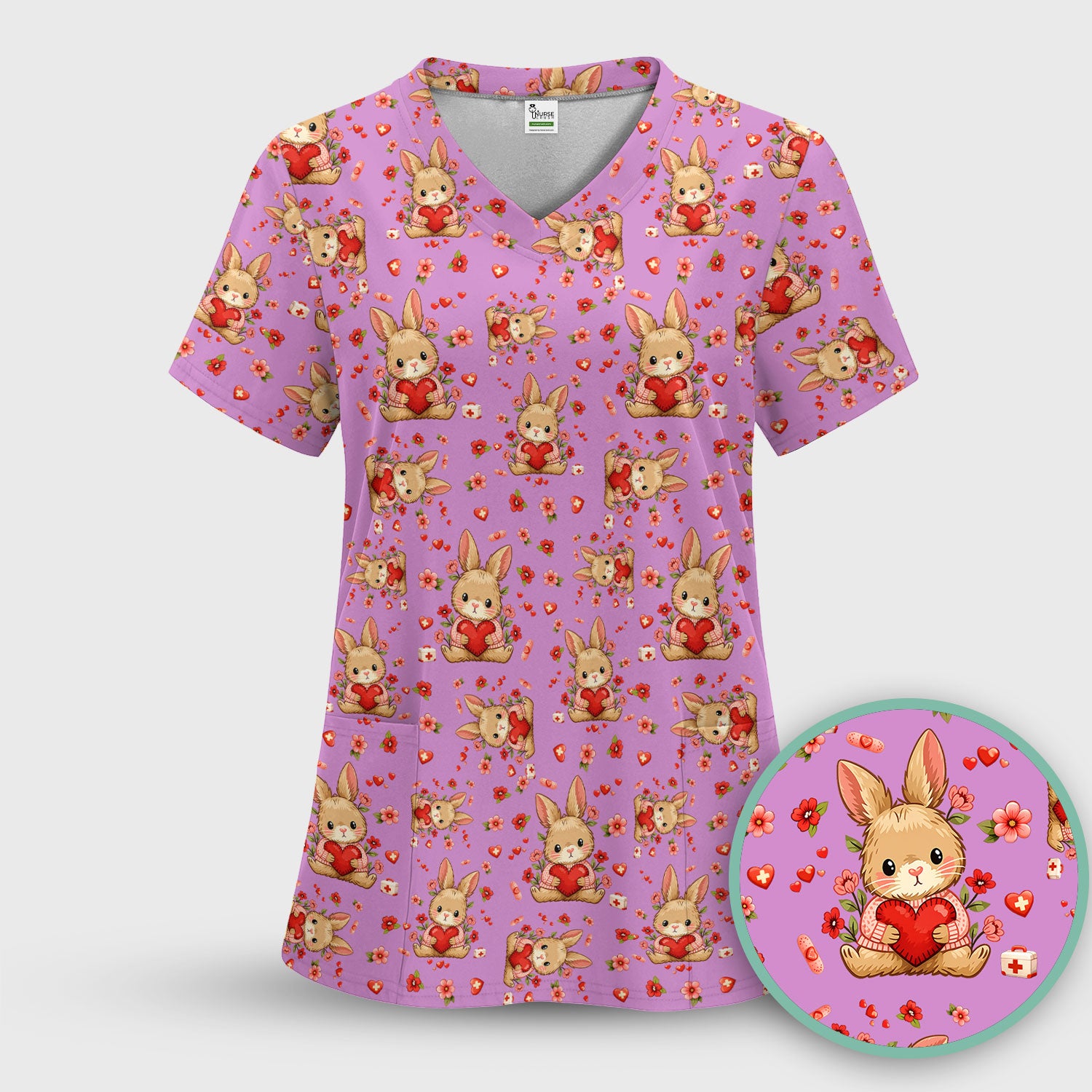 Adorable Bunny Heart Healthcare Design Scrub Top, Comfortable Scrubs for Nurses, Easter