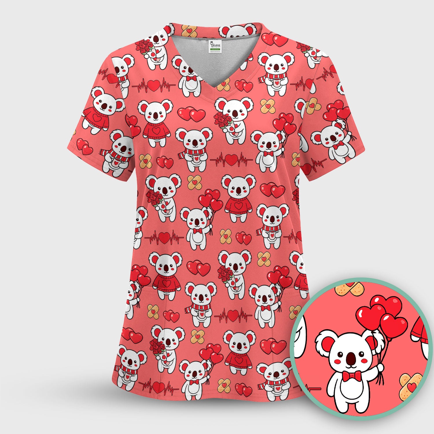 Sweet Koala Valentine Medical Design Scrub Top, Comfortable Scrubs for Nurses