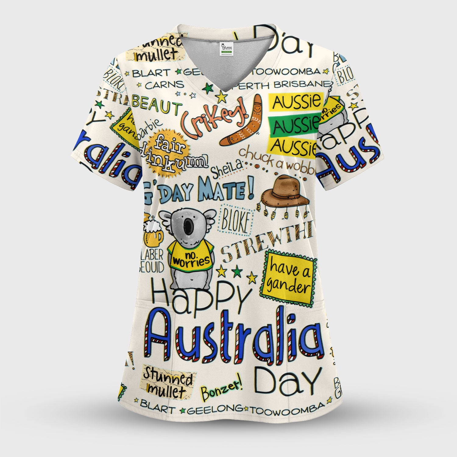 Cute Cartoon Koala Australia Pattern Scrub Top, Breathable Fabrics Nursing Uniform