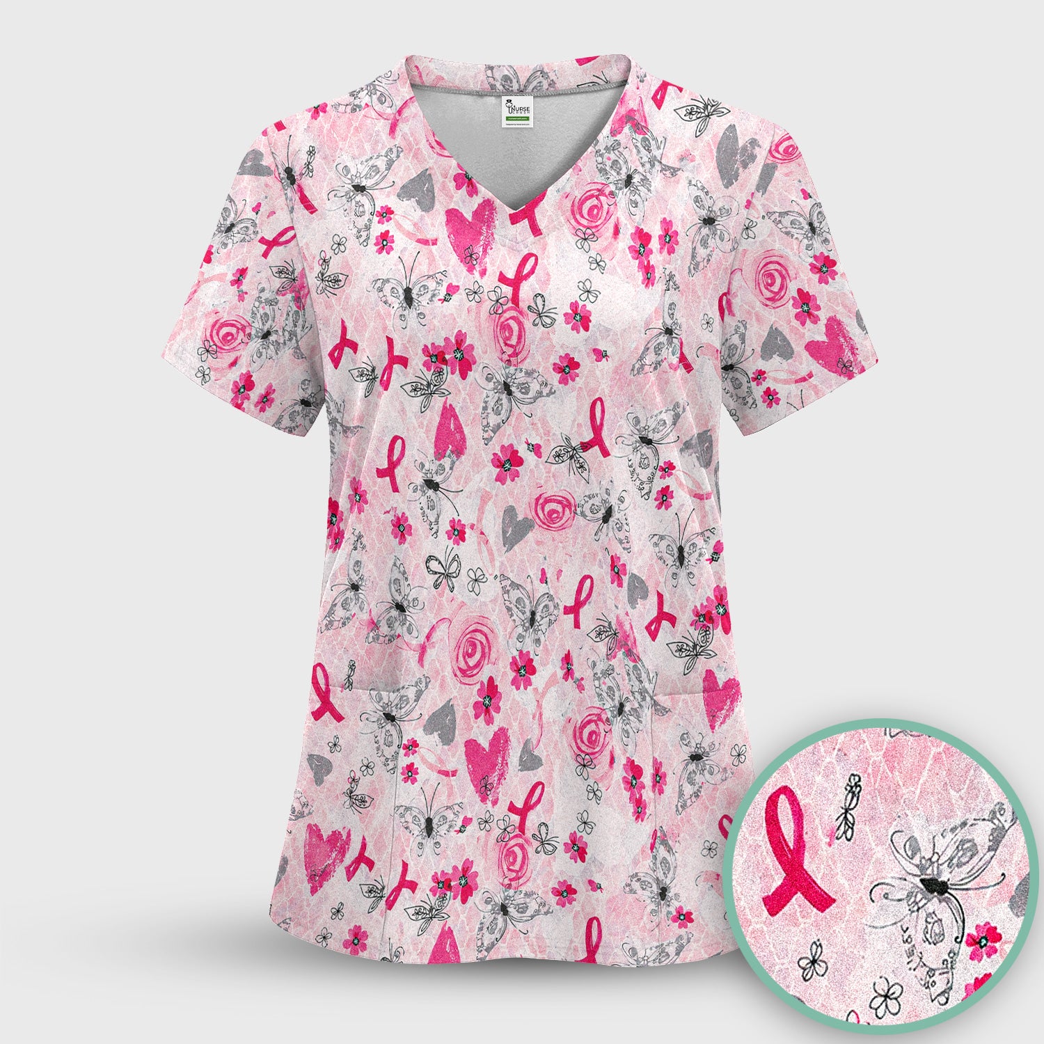 Breast Cancer Awareness Butterfly Floral Scrub Top, Comfortable Scrubs for Nurses