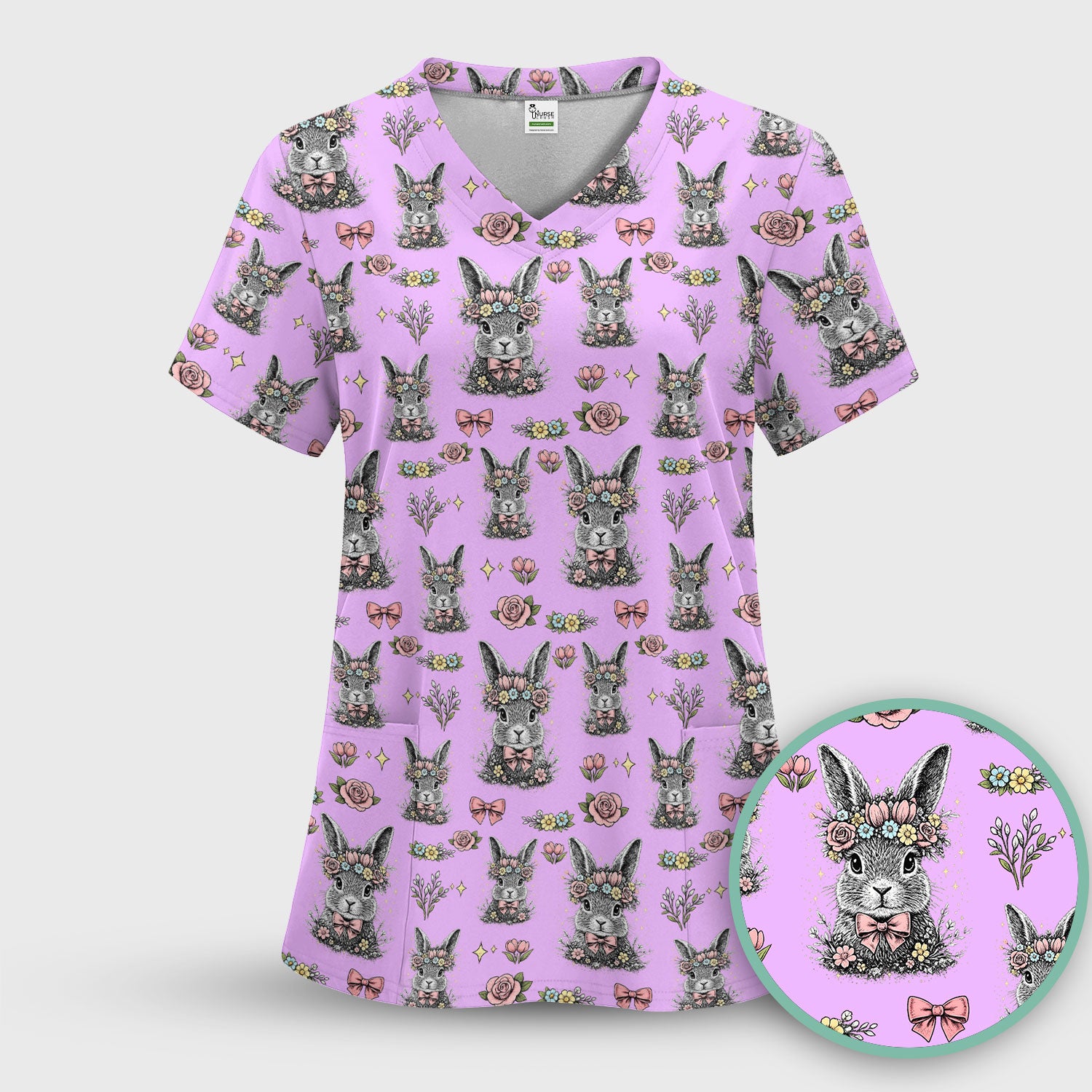 Vintage Floral Bunny Print Scrub Set, Scrub Pants and V Neck Top