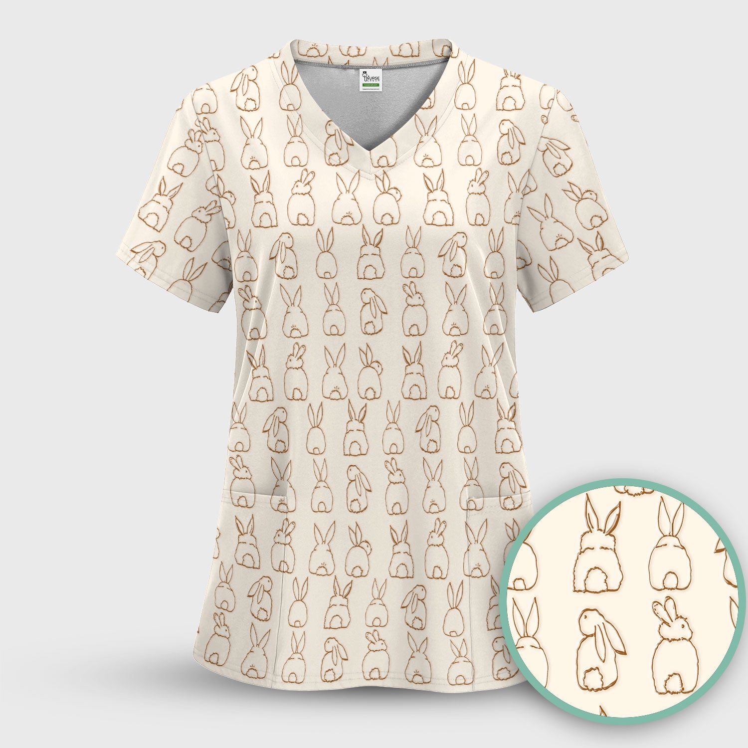 Cartoon Bunny Line Art Pattern Medical Scrub Top, Comfortable Scrubs for Nurses, Easter