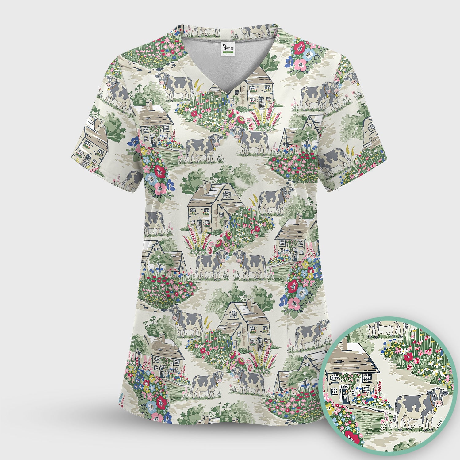 Charming Countryside Cows Cottage Garden Pattern Scrub Top, Comfortable Scrubs for Nurses