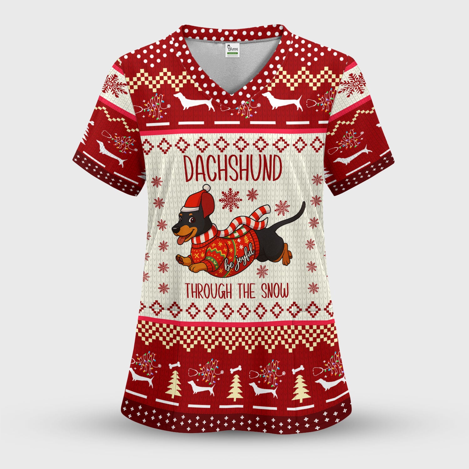 Wiener Dog Through The Snow Christmas Scrub Top - Cute Dachshund Nurse Shirt - Funny Holiday Medical Uniform
