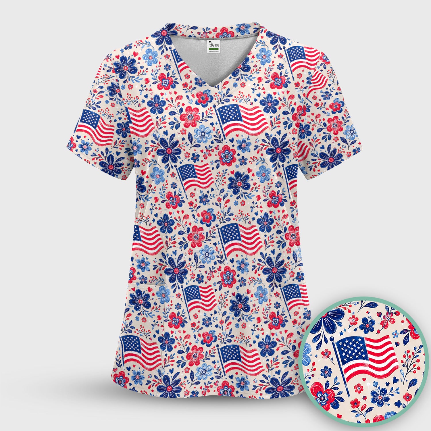 Patriotic Flag Floral Nurse Pattern Scrub Set, Scrub Pants and V Neck Top