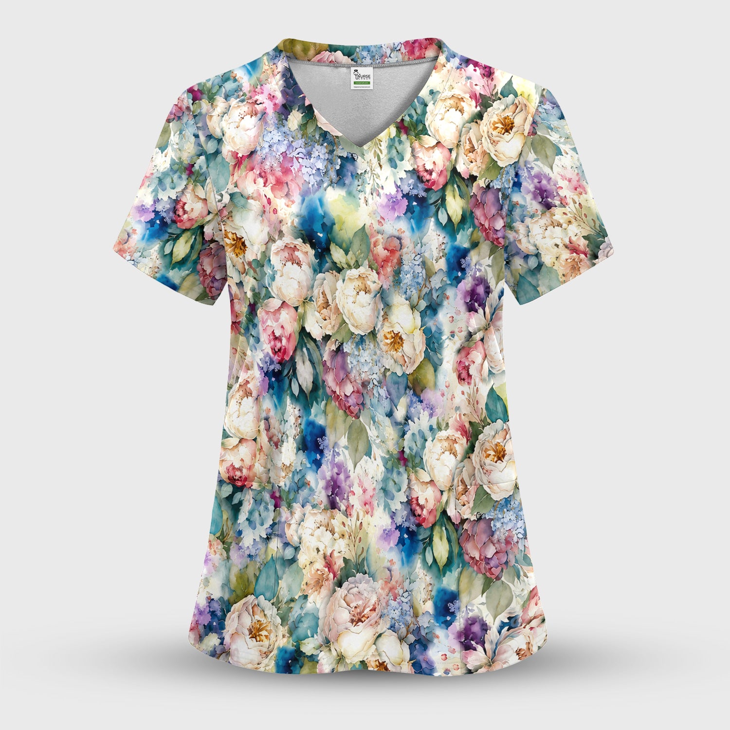 Watercolor Peony Hydrangea Floral Print Scrub Set, Scrub Pants and V Neck Top