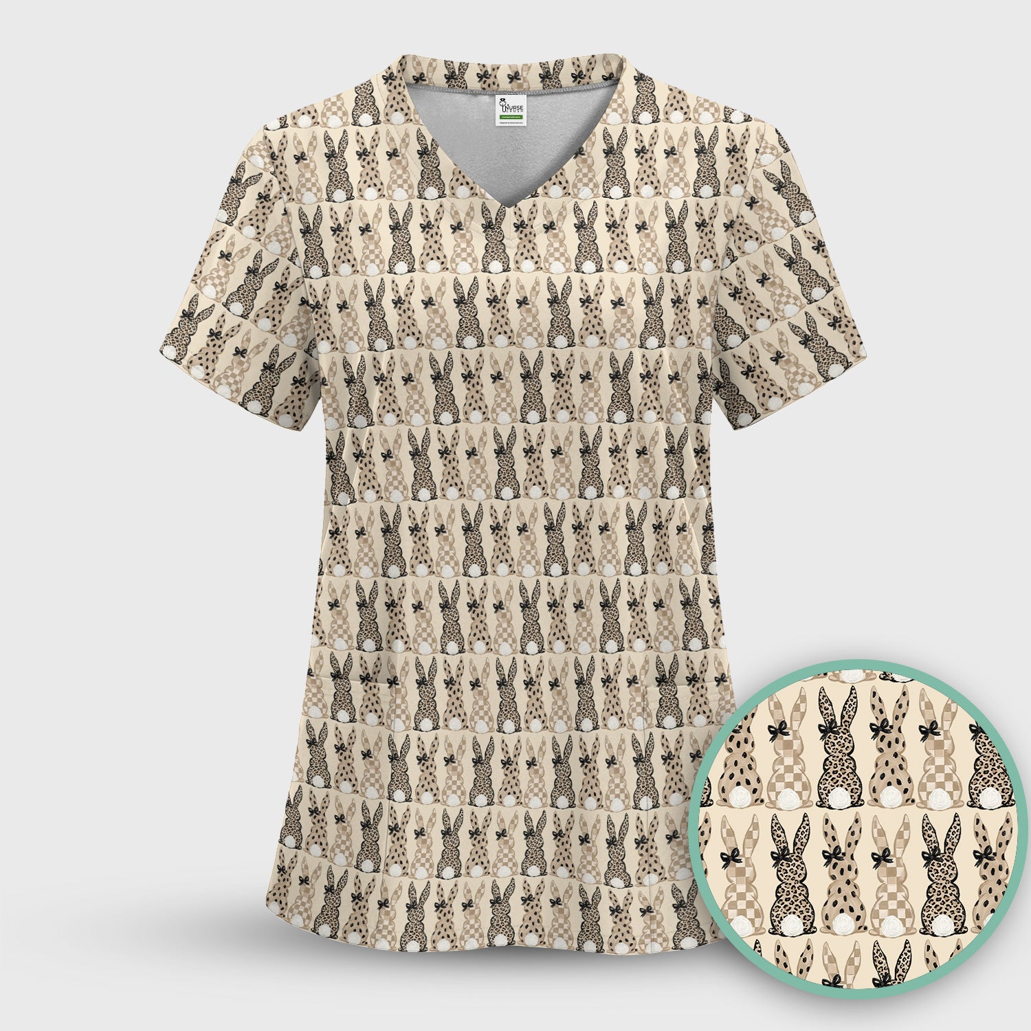 Vintage Bunny Pattern Beige Scrub Top, Comfortable Scrubs for Nurses