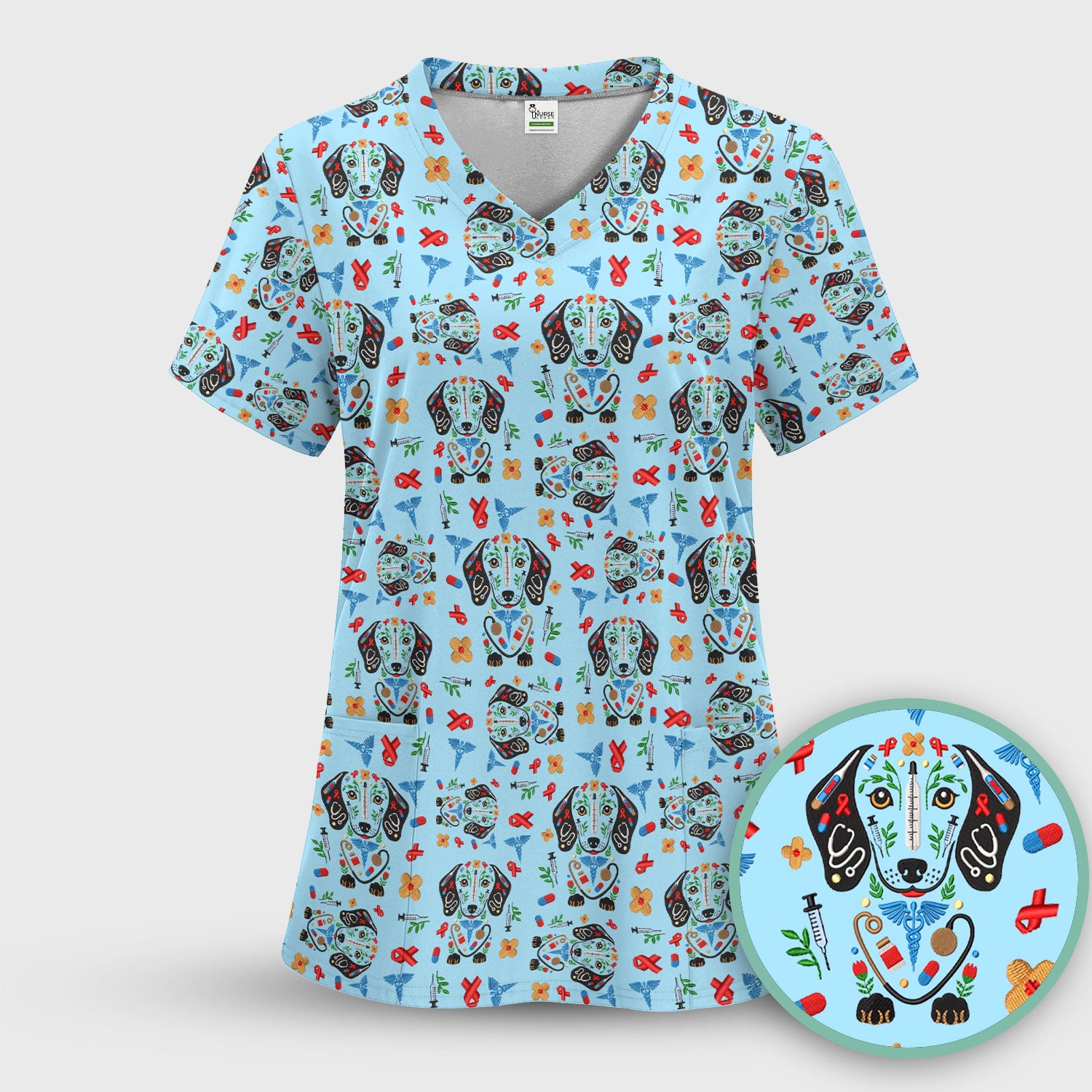 Dachshund Medical Icon Pattern Scrub Set, Women's Scrub Sets