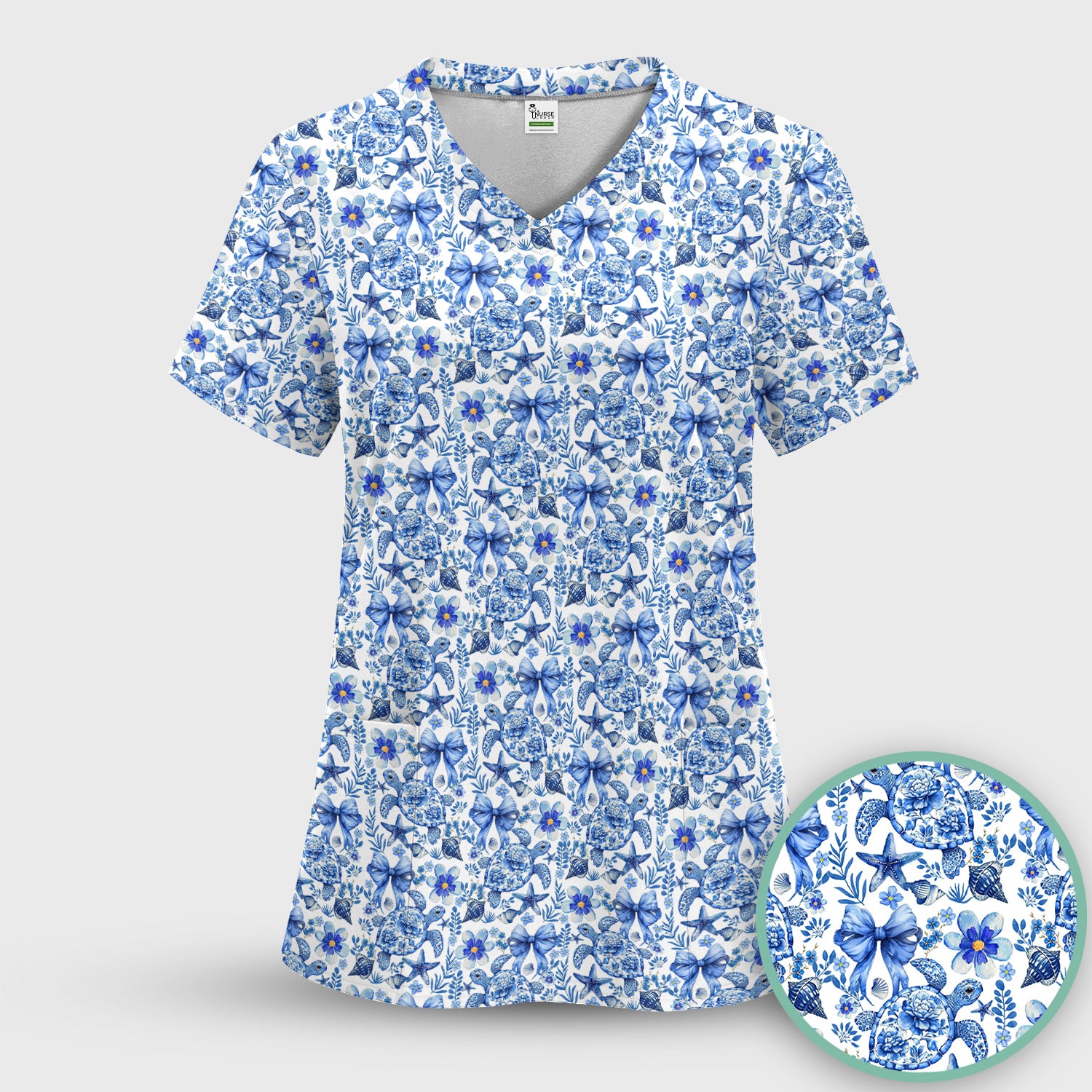 Cute Coastal Turtle Bow Pattern Scrub Top, Comfortable Scrubs for Nurses