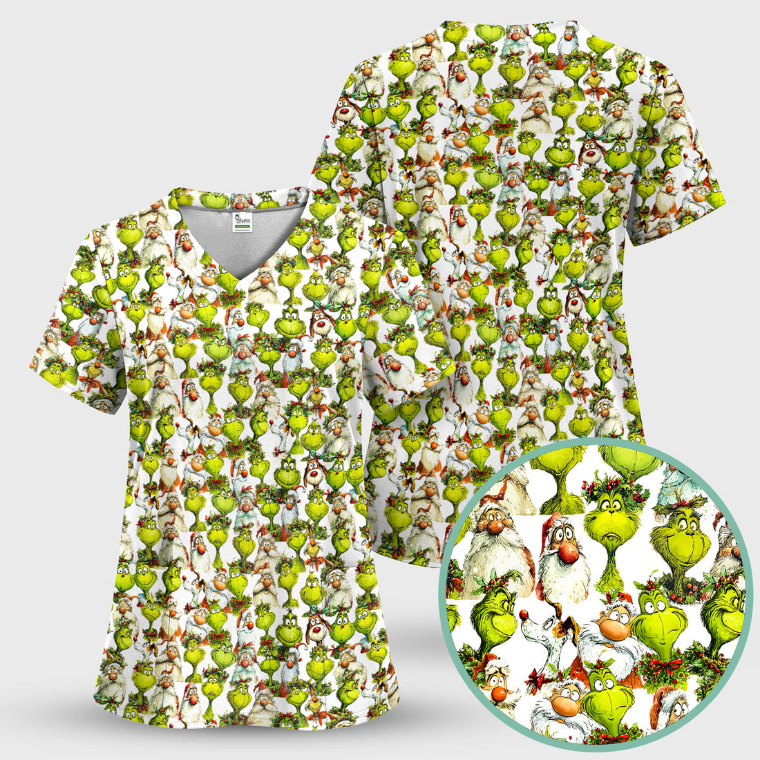 Grinch Nurse Scrub Shirt Multi Colors - Funny Cartoon Character Scrub Top - Christmas Holiday Nursing Workwear with Pockets