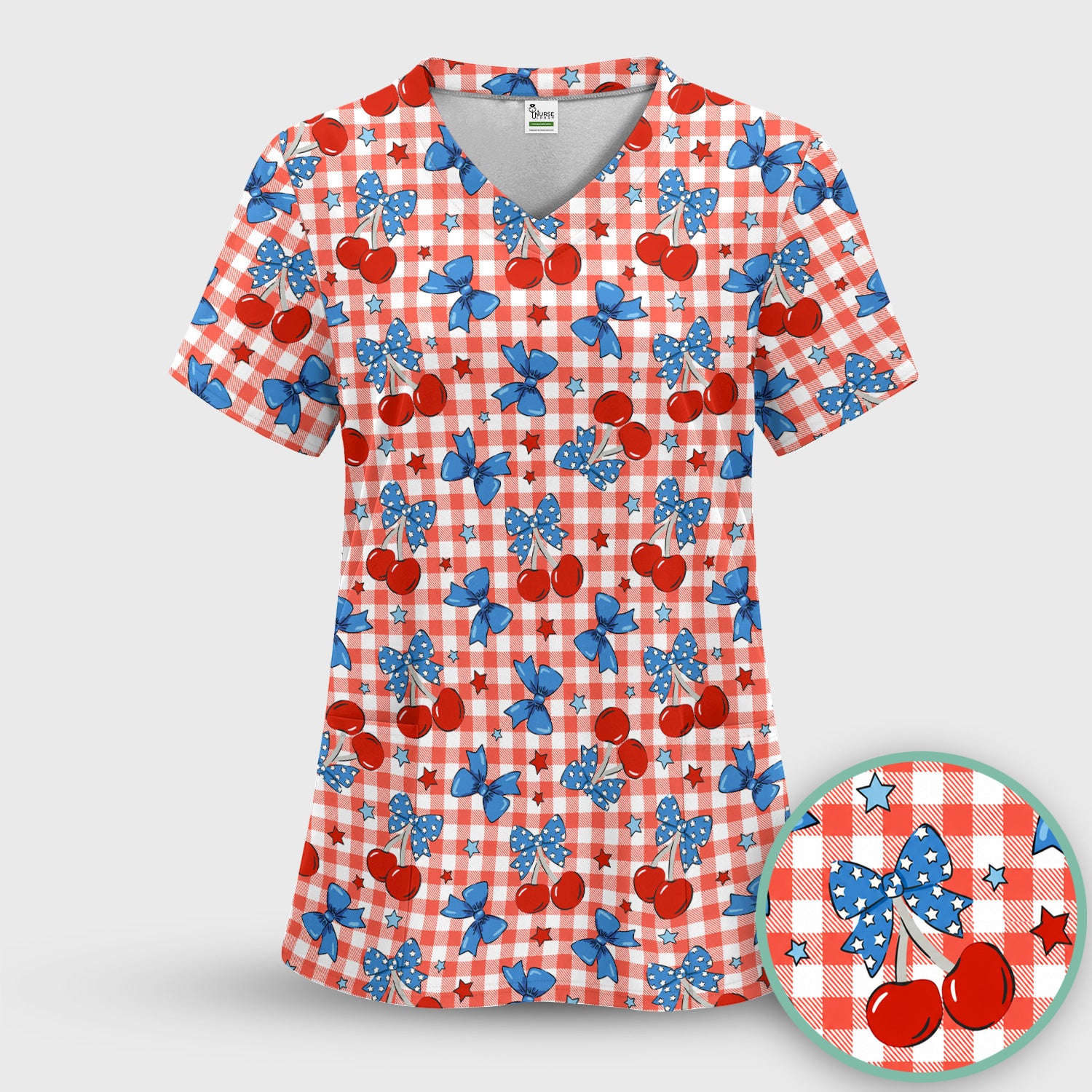 Cute Patriotic Cherry Bow Checkered Pattern Scrub Set, Scrub Pants and V Neck Top