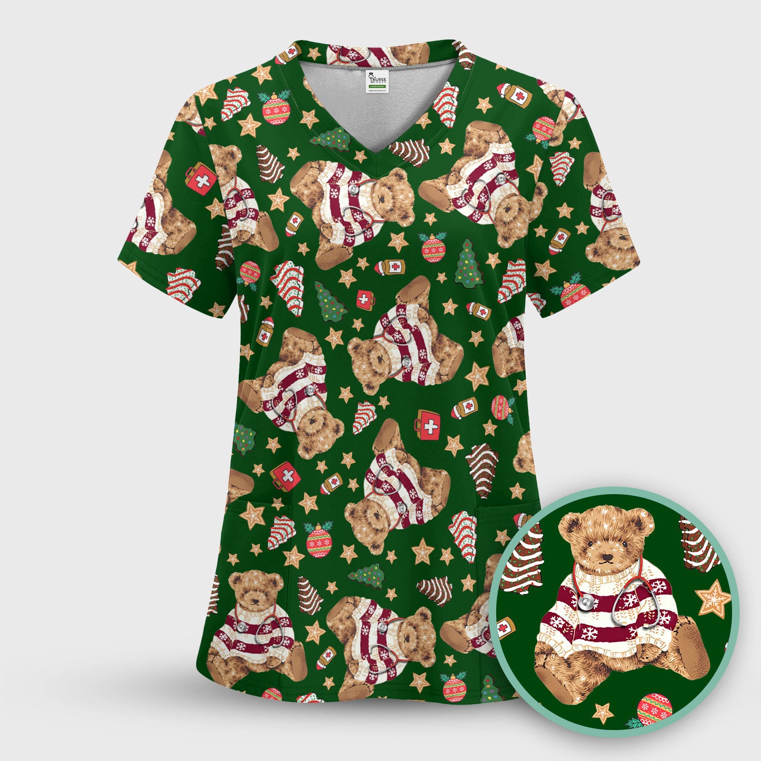 Teddy Bear Christmas Scrub Top - Cute Holiday Medical Pattern with Warm Sweater Bear - Gift for Nurses RN CNA LPN