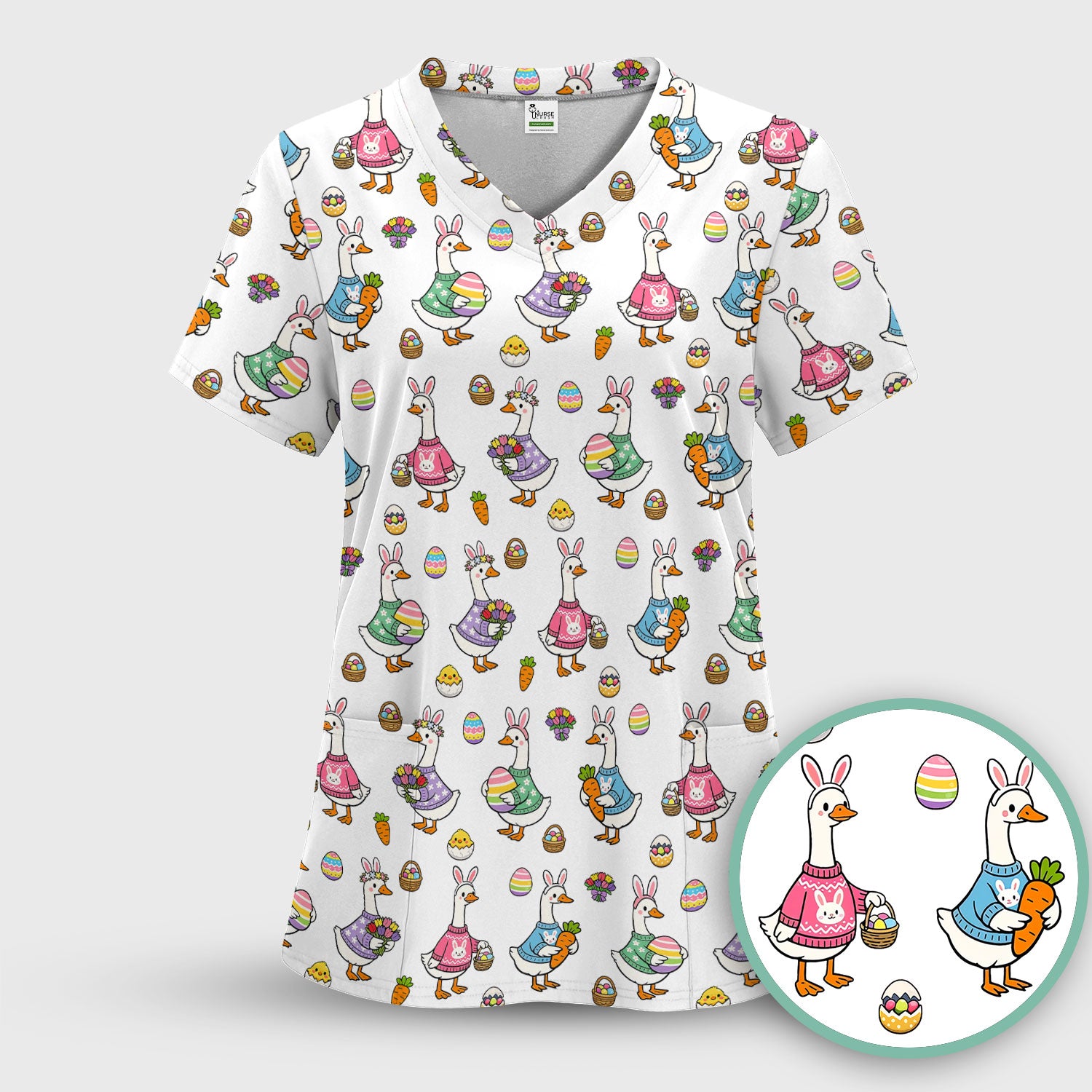 Cute Easter Goose Pattern Scrub Top, Breathable Fabrics Nursing Uniform