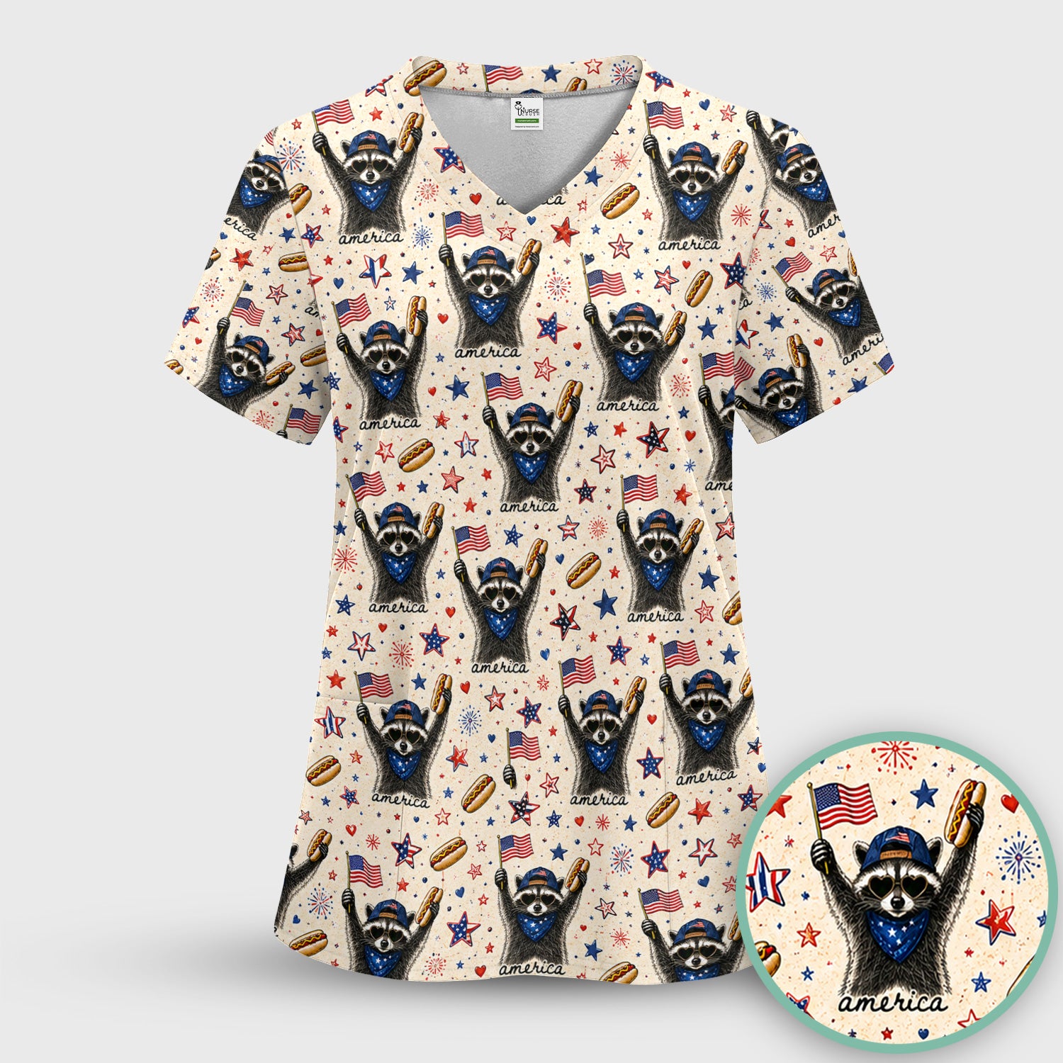 Patriotic Raccoon America Hotdog Pattern Scrub Top, Comfortable Scrubs for Nurses