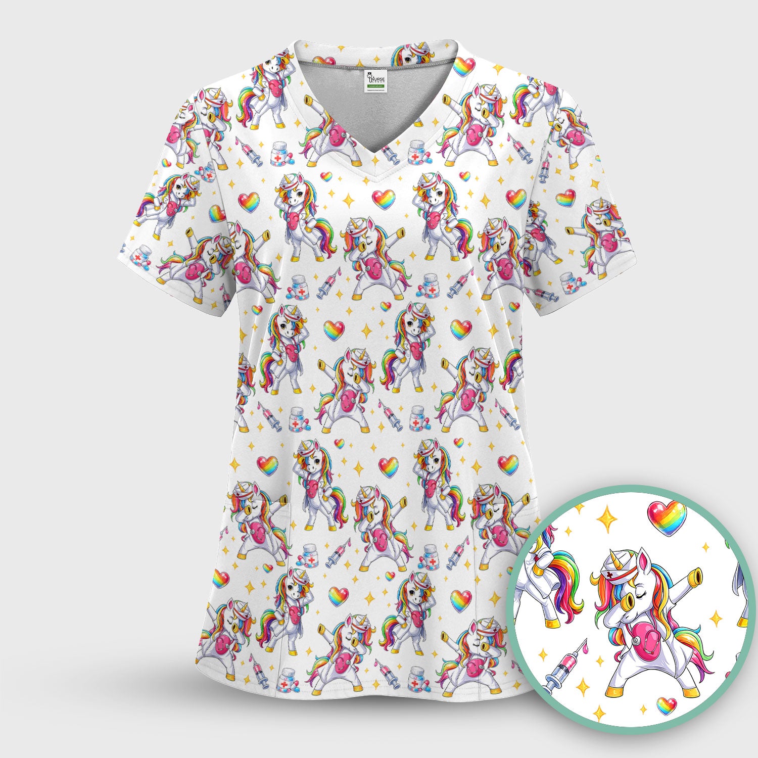 Playful Nurse Unicorn Rainbow Pattern Scrub Top, Comfortable Scrubs for Nurses