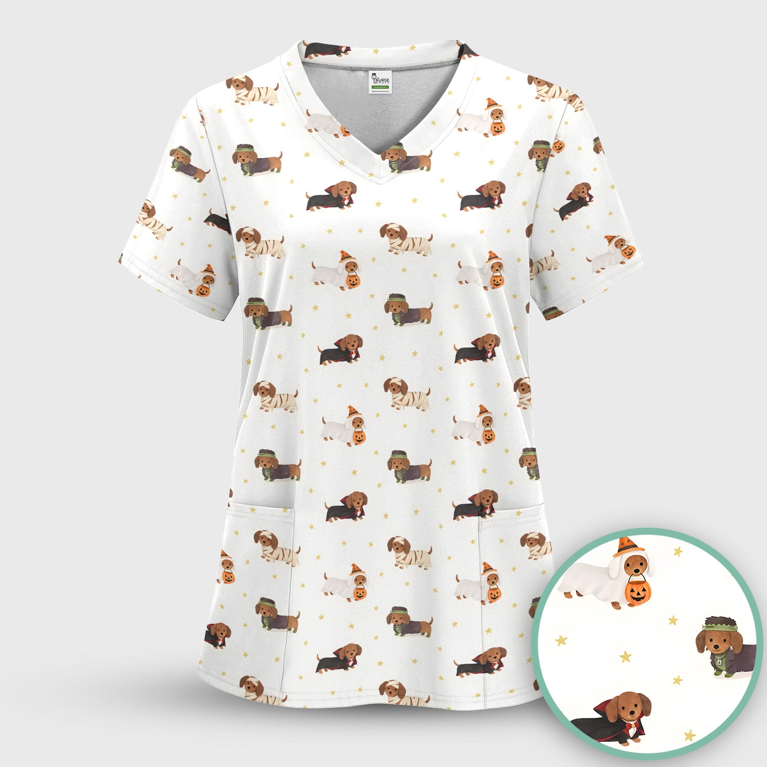 Halloween Dachshund Costumes Print Scrub Set, Scrub Pants and V Neck Top