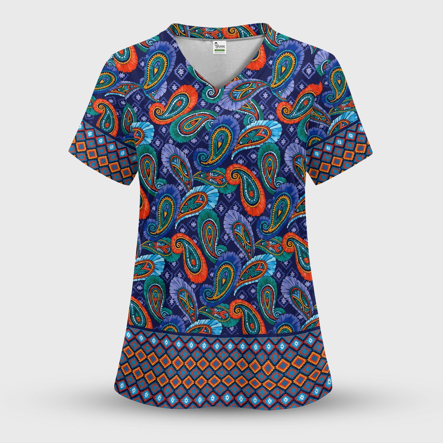 Colorful Paisley Geometric Border Pattern Scrub Set, Scrub Pants and V Neck Top
