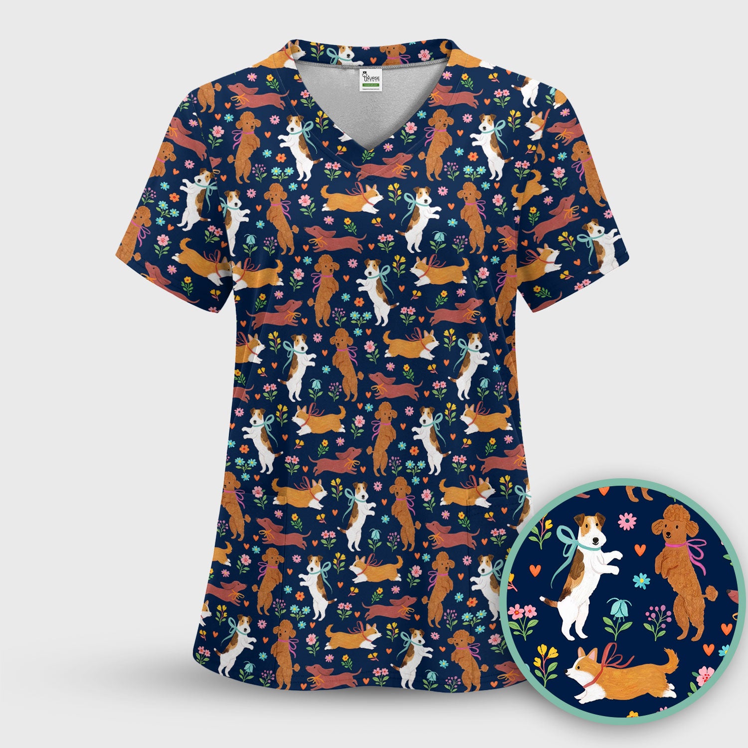 Cute Cartoon Dog Print Nurse Scrub Top, Comfortable Scrubs for Nurses