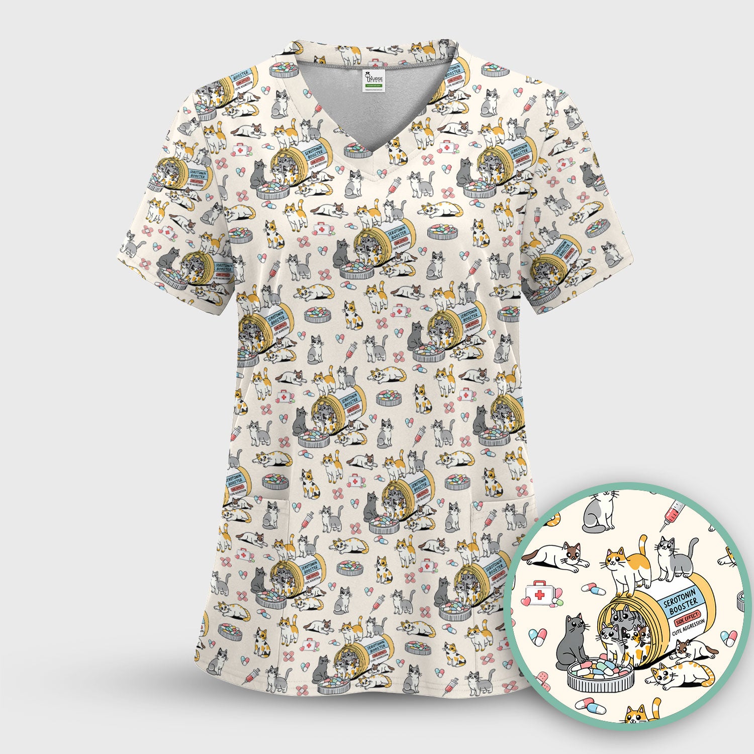 Cute Cat Serotonin Booster Pattern Scrub Top, Comfortable Scrubs for Nurses