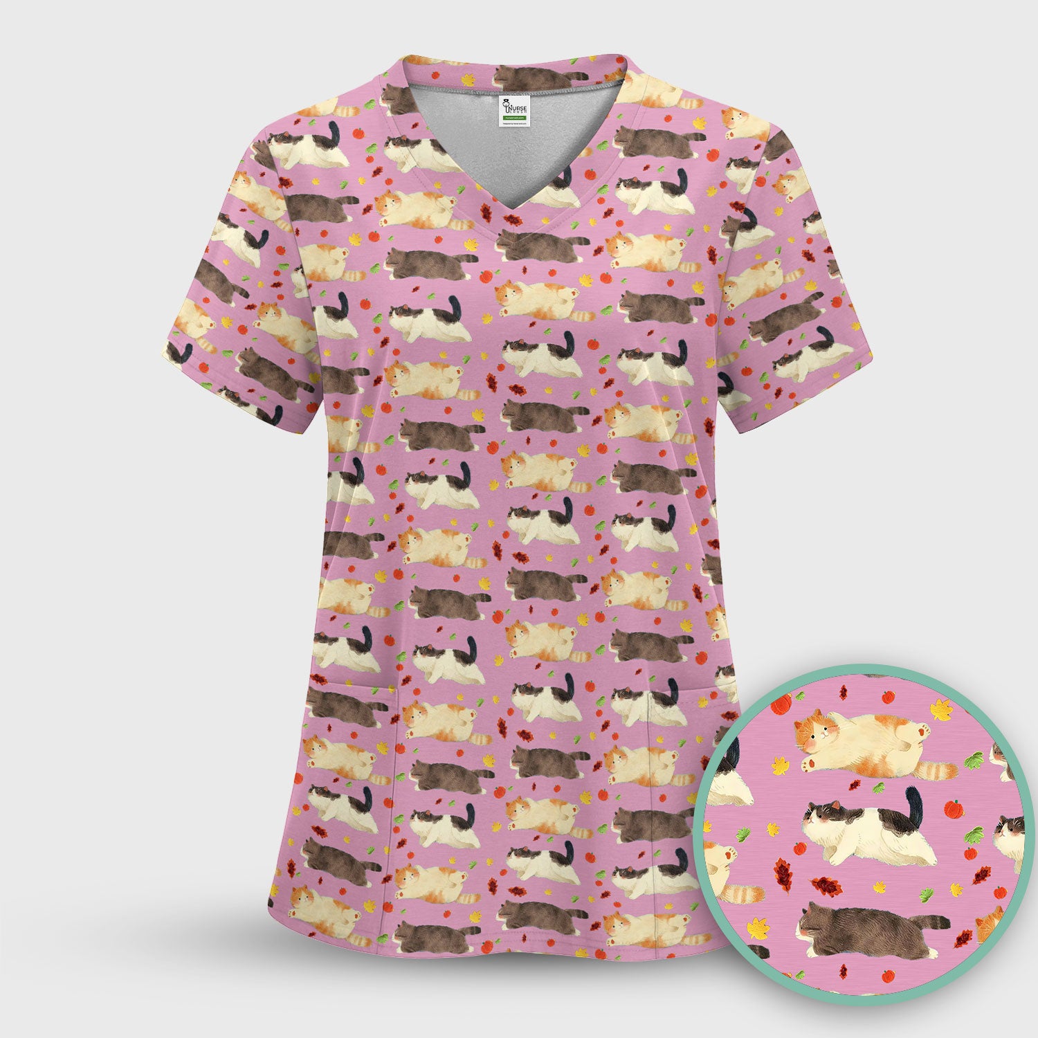 Chubby Cat Autumn Leaves Print Scrub Top, Breathable Fabrics Nursing Uniform