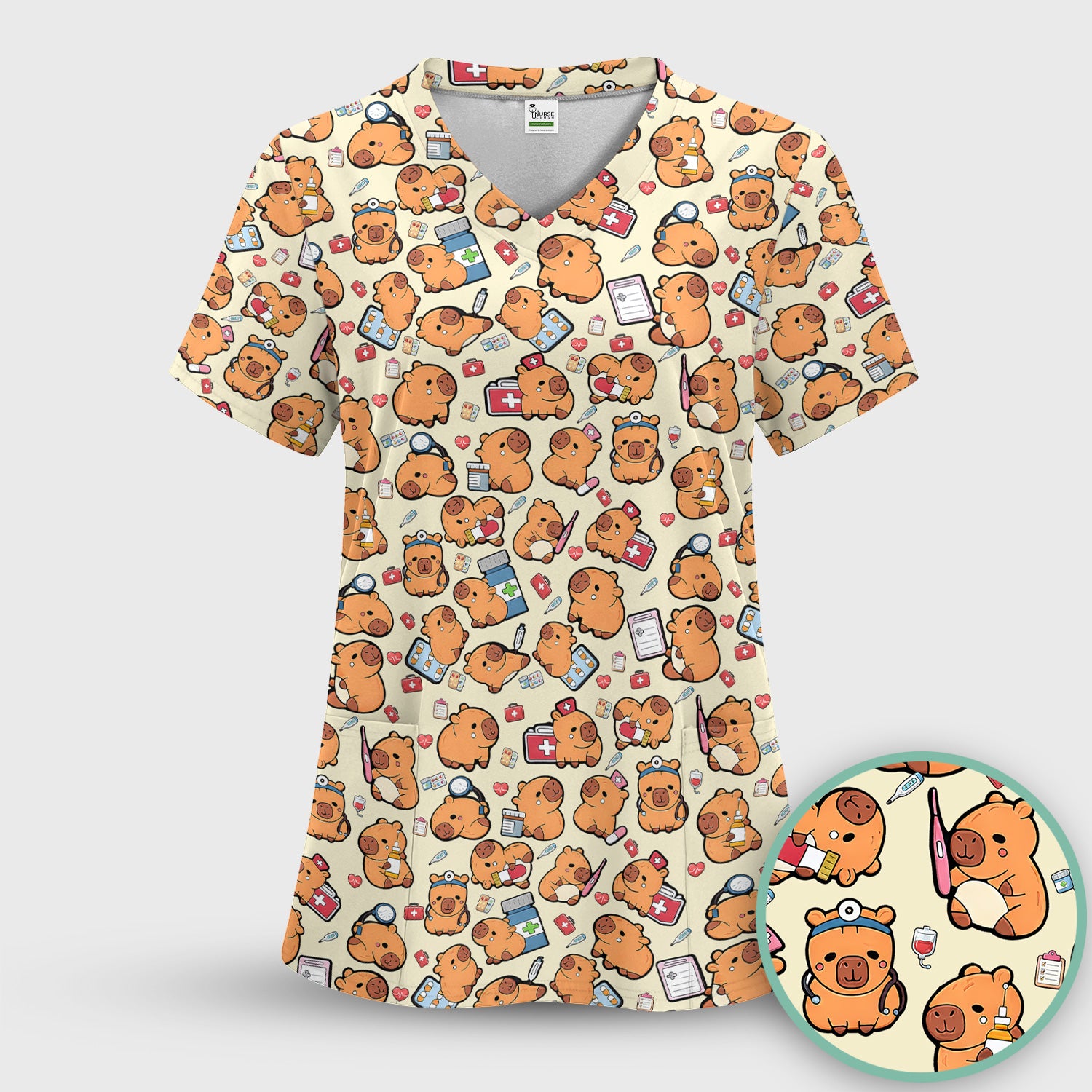 Capybara With Stethoscope And Medical Tools Seamless Scrub Set, Breathable Med Uniform