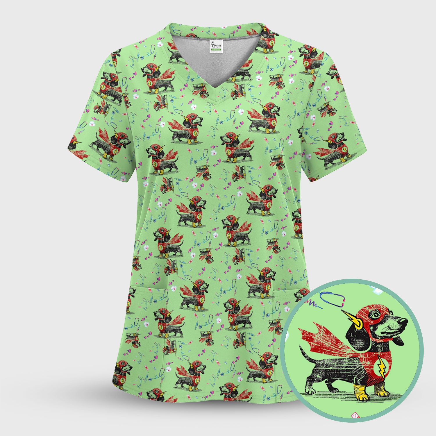 Super Nurse Dachshund Scrub Shirt - Hero Sausage Dog Print Medical Top - Funny Dog Print Gift for Nurses RN CNA LPN