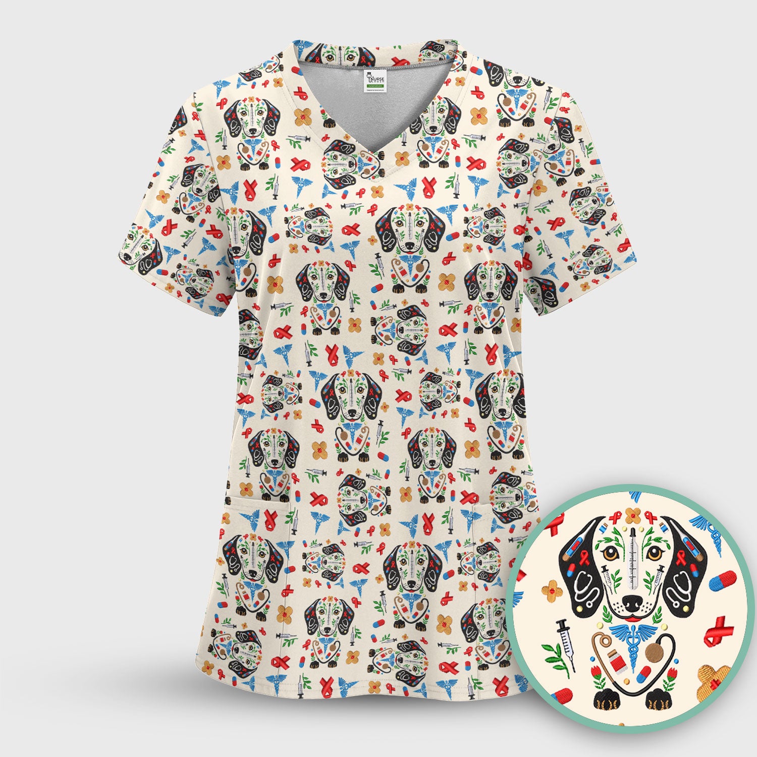 Dachshund Medical Icon Pattern Scrub Top, Comfortable Scrubs for Nurses
