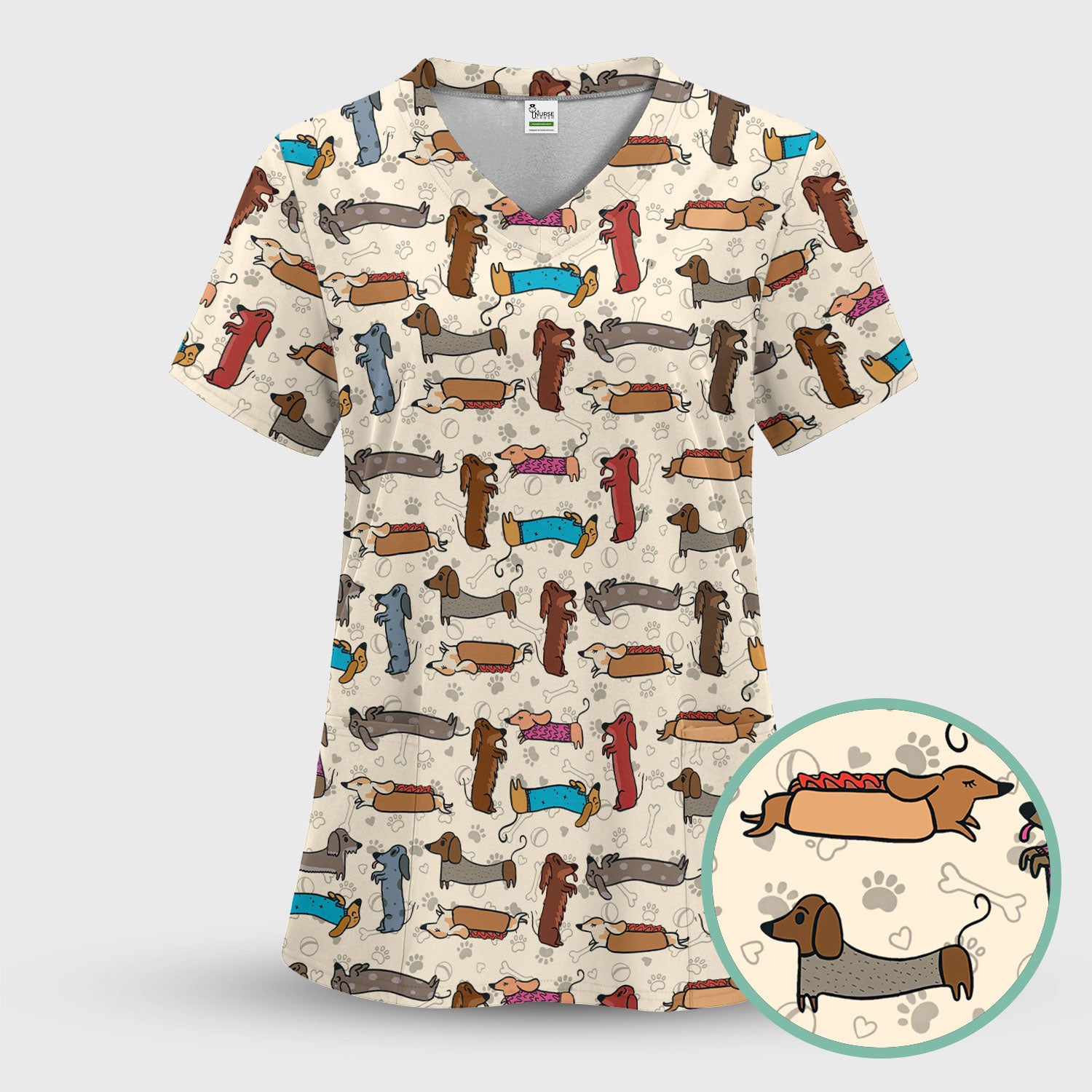 Cute Dachshund Scrub Top for Nurses - Colorful Wiener Dog Print Medical Uniform Shirt - Fun Sausage Dog Pattern Veterinary Workwear