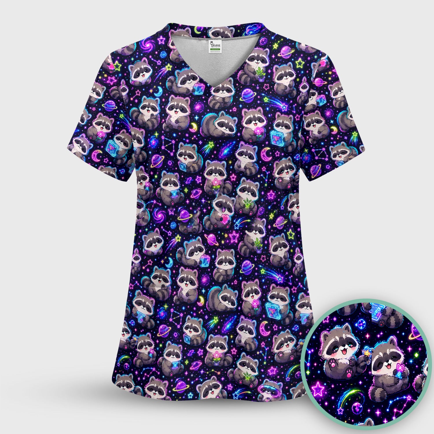Neon Galaxy Raccoon Space Pattern Scrub Top, Comfortable Scrubs for Nurses