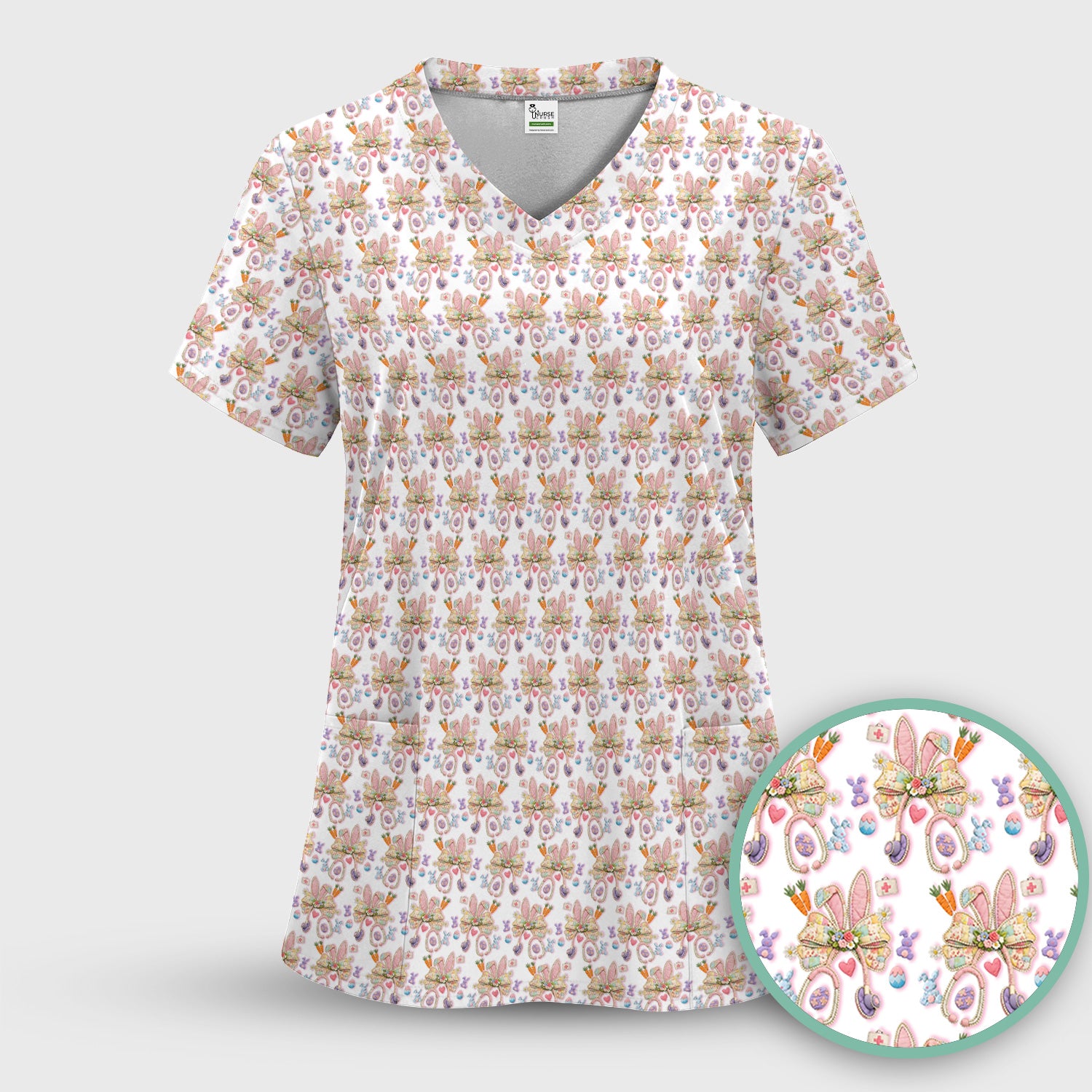 Easter Bunny Stethoscope Pastel Print Scrub Top, Comfortable Scrubs for Nurses
