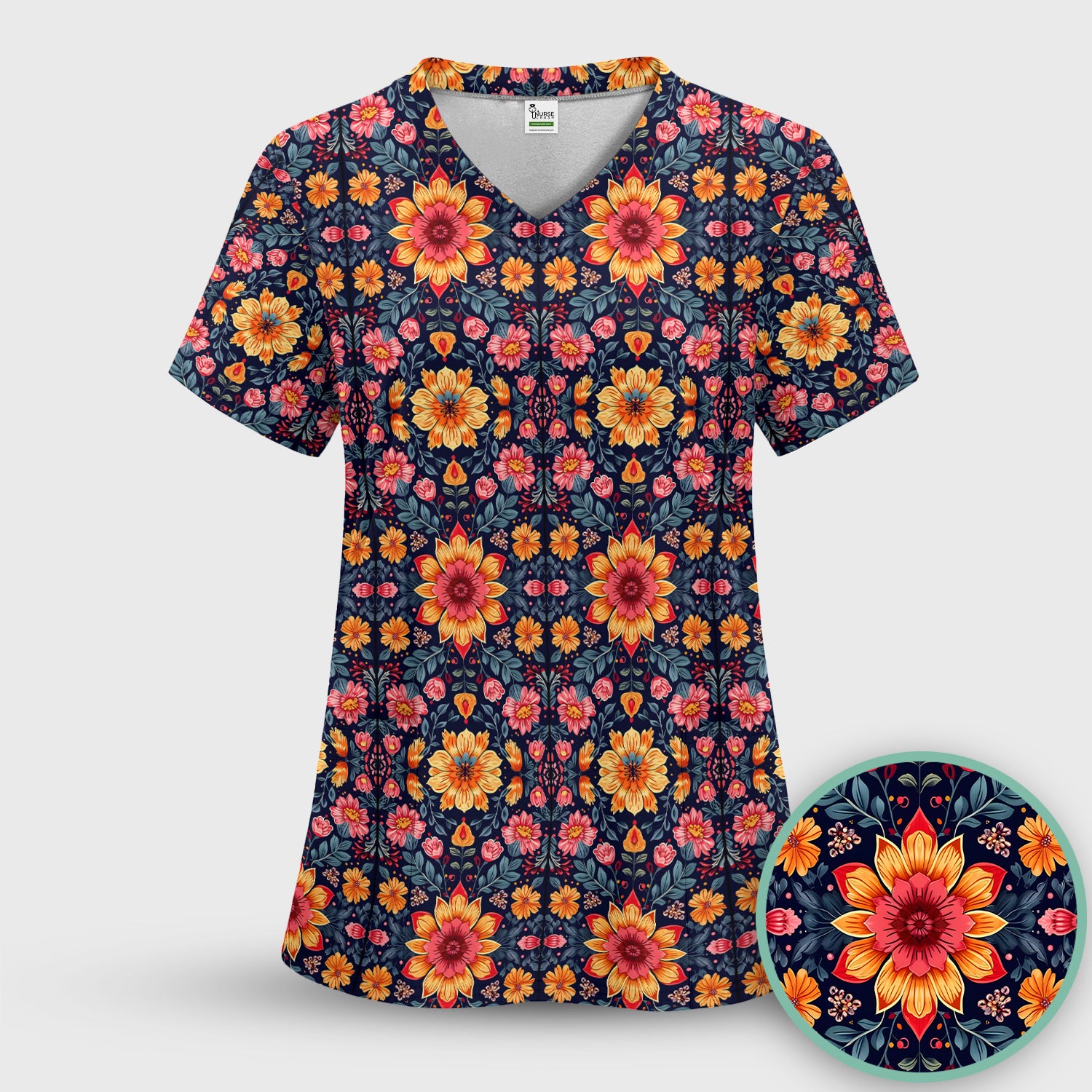 Elegant Dark Floral Pattern Scrub Set, Scrub Pants and V Neck Top