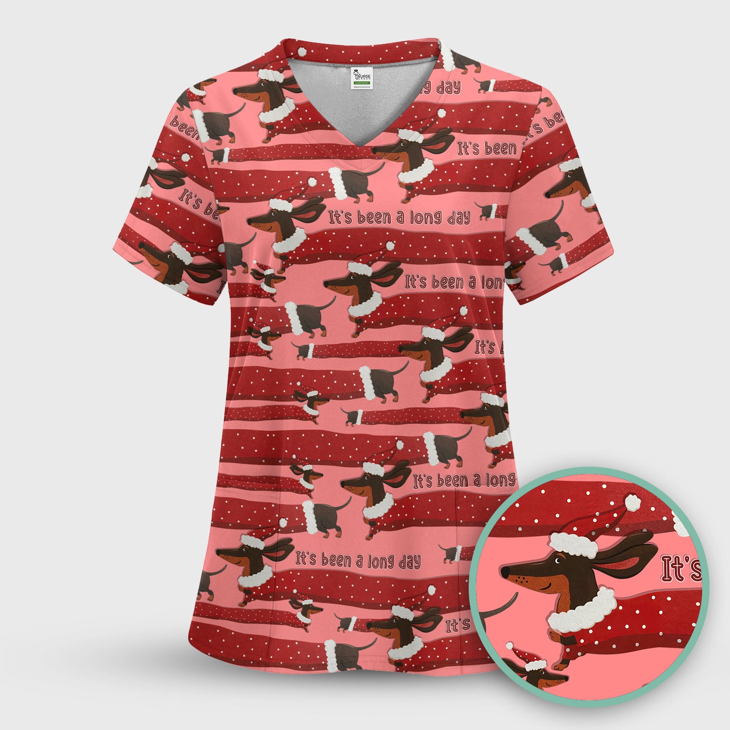 Funny Dachshund Christmas Scrub Top - It's Been a Long Day Shirt - Cute Wiener Dog Holiday Medical Uniform for Women