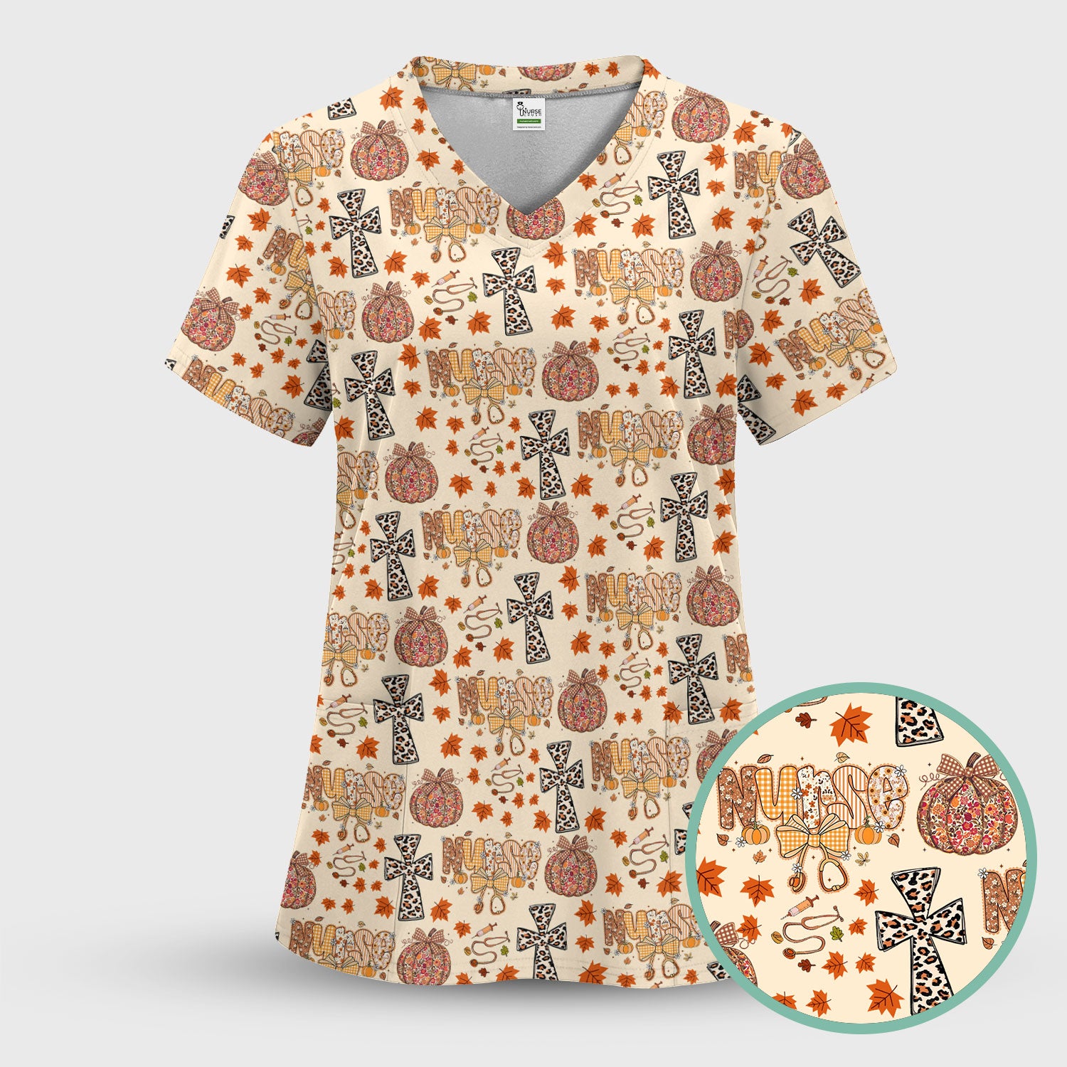 I Will Praise Him In Every Season - Boho Pumpkin Leopard Cross Fall Scrub Top for Nurse - Thanksgiving Med Uniform for Women